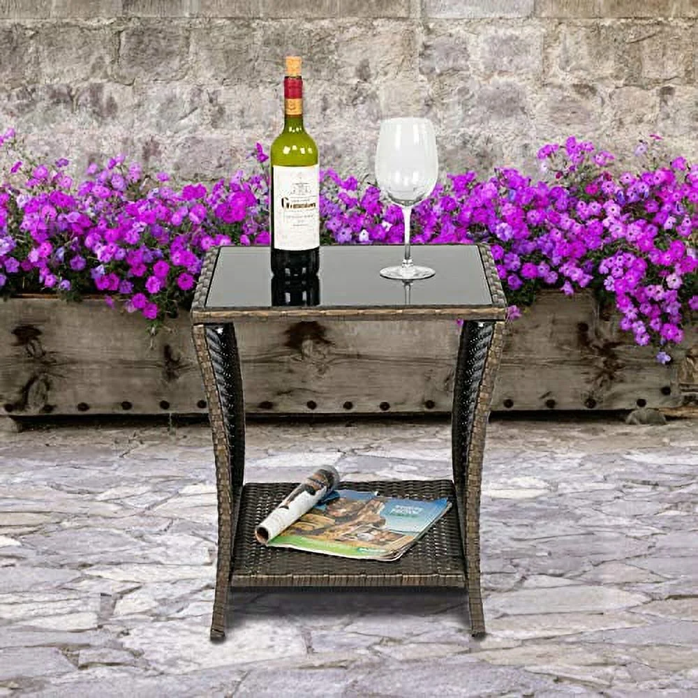 KINTNESS Wicker Rattan Side Table Outdoor End Table Patio Courtyard Coffee Bistro Glass Table with Storage