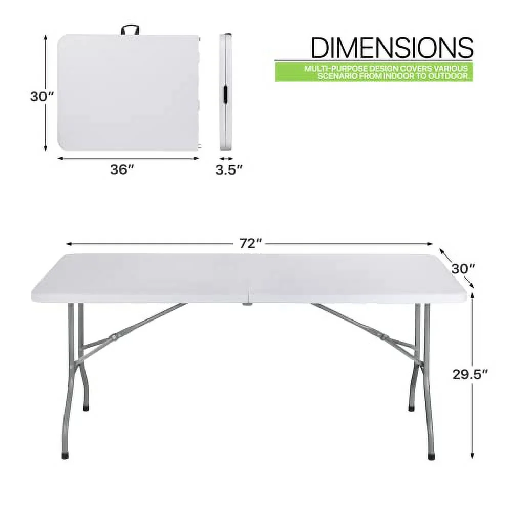Magshion Plastic Folding Table 6ft Indoor Outdoor Rectangle Heavy Duty Foldable Table with Handle for Parties Backyard Events White