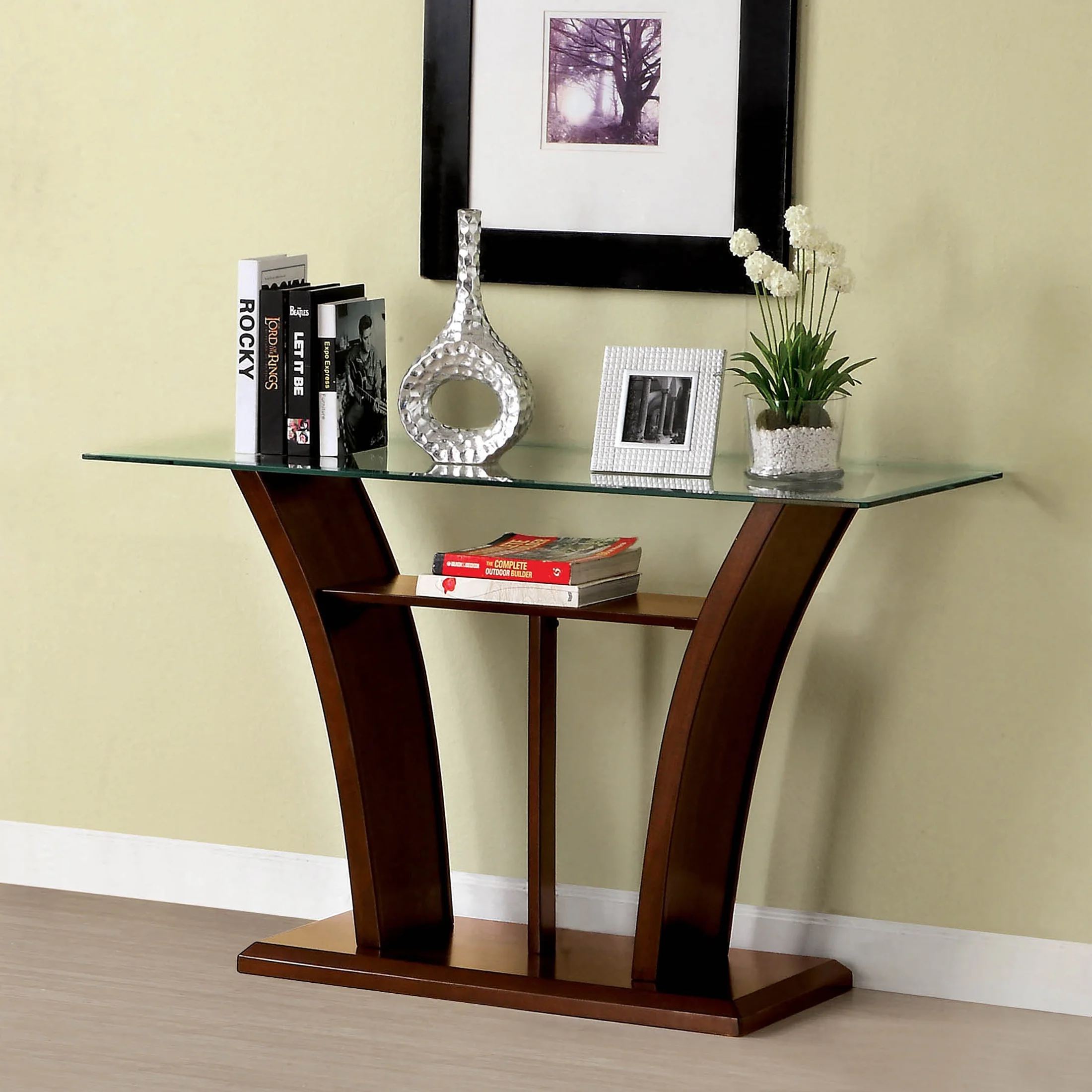 Furniture of America Panna Glass Top Console Table, Brown Cherry