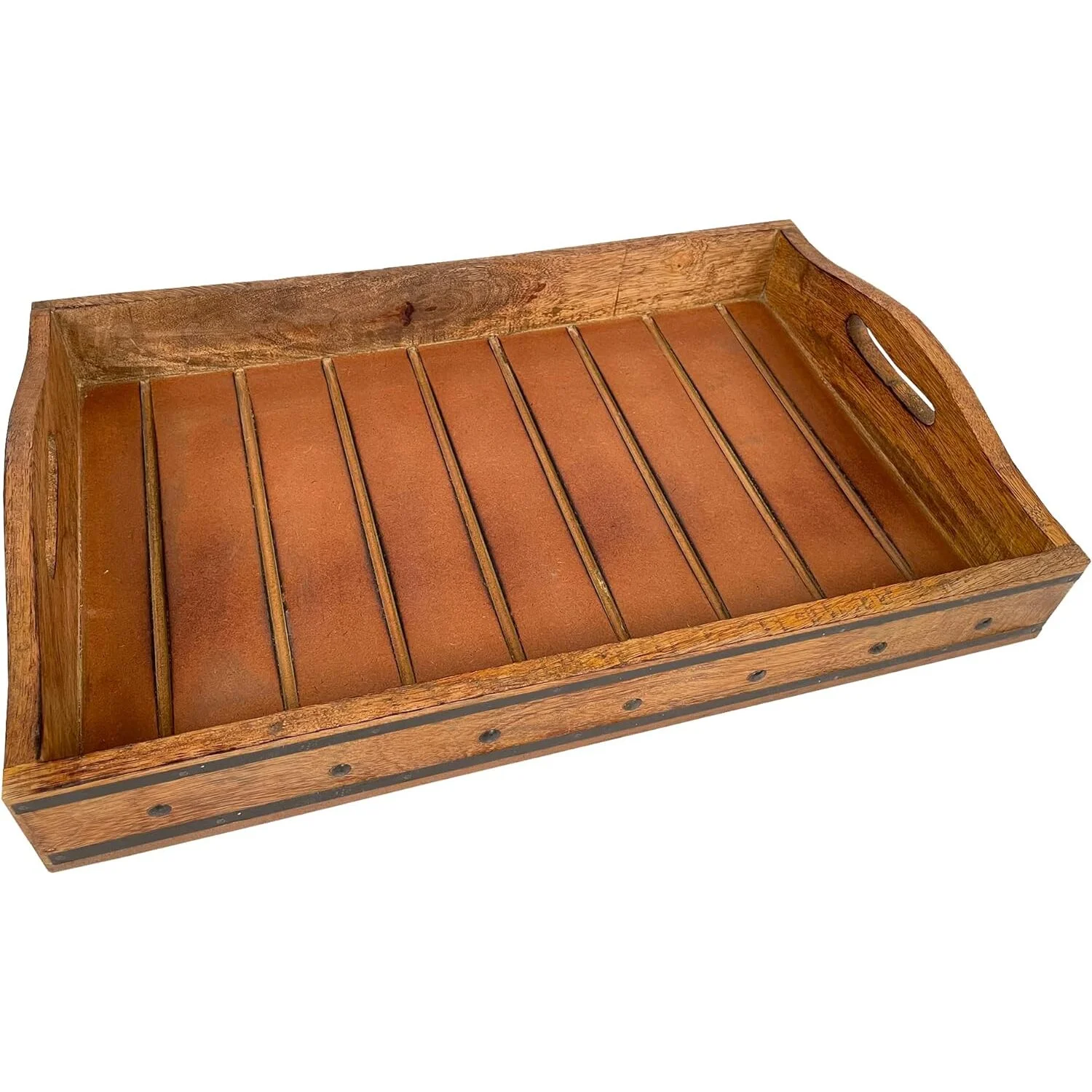 The Urban Port 18 Inch Handcrafted Rectangular Mango Wood Decorative Serving Tray, Rivet Accents, Metal Trim, Natural Brown
