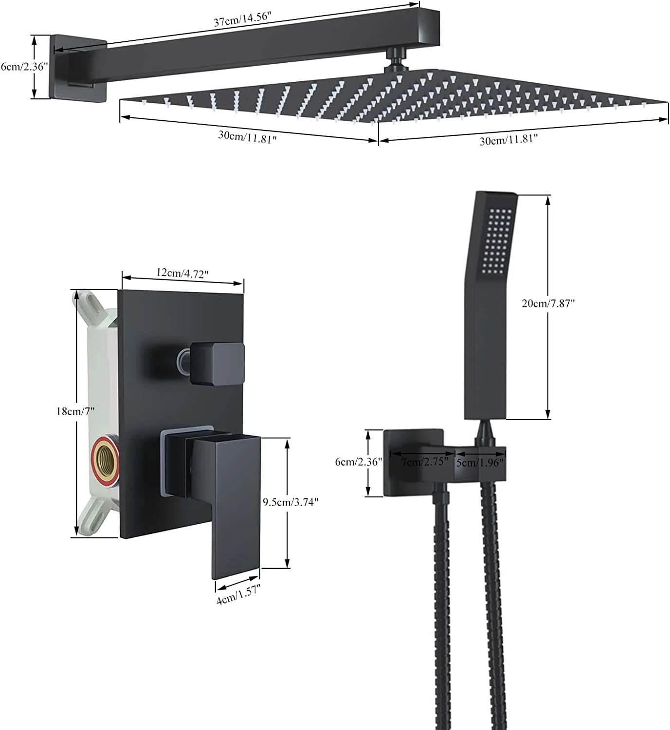 Shower Faucet Matte Black Shower System with 12 Inches Rain Shower Head and Handheld Spray Bathroom Luxury Rain Shower Faucet Set Complete Wall Mounted