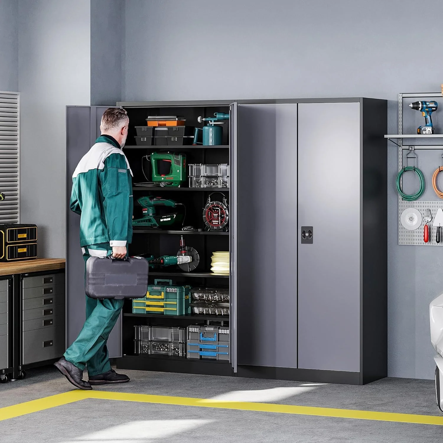 AUCHI Metal Garage Storage Cabinets with Lock Door and Adjustable Shelves, Steel Tool Cabinets for Home,Office,Warehouse Organisieren (Black Grey, 72