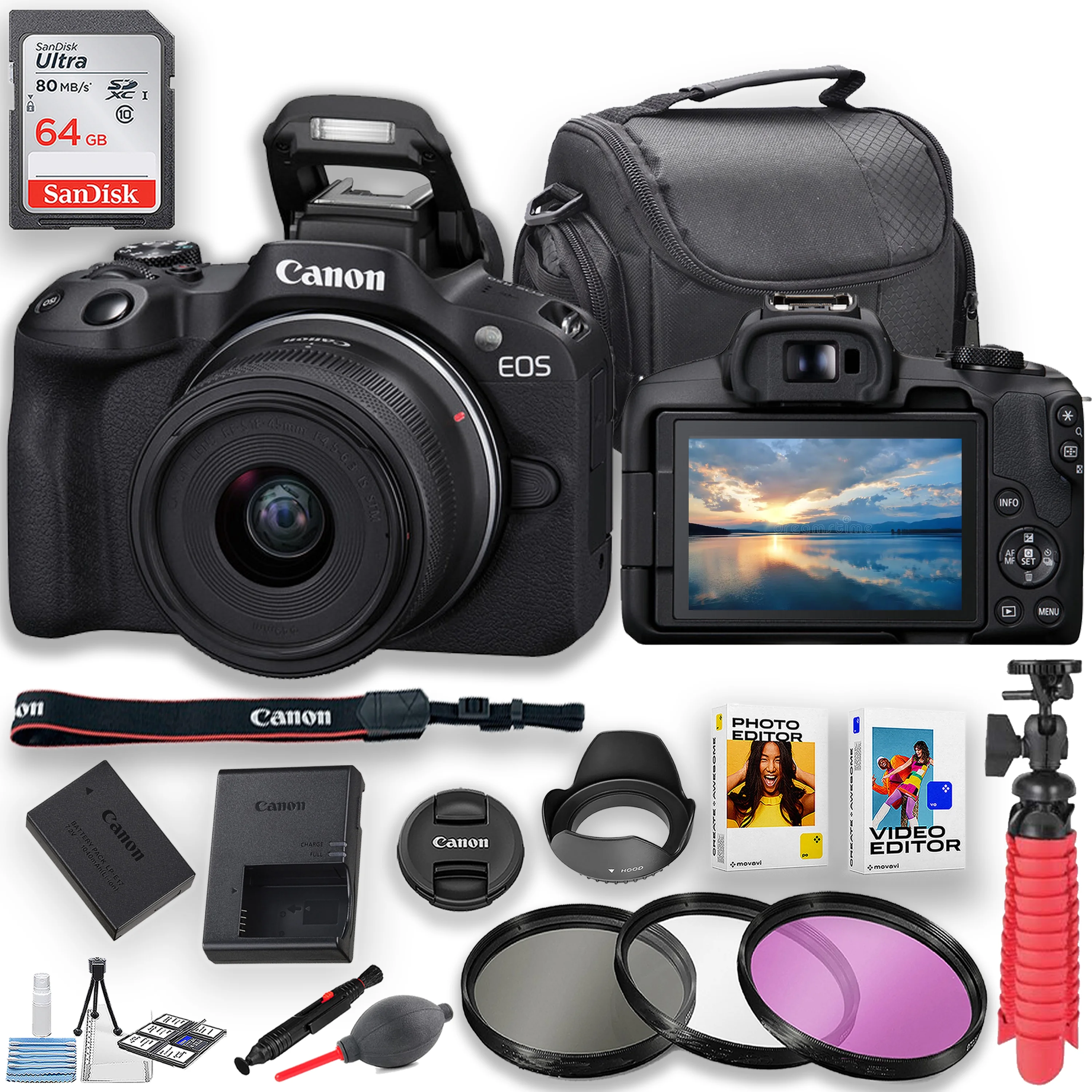 Canon EOS R50 Mirrorless Camera with Canon 18-45mm Lens and 64GB Memory Card, Camera Case, Dust Blower and Pen, Filters, Tripod & More