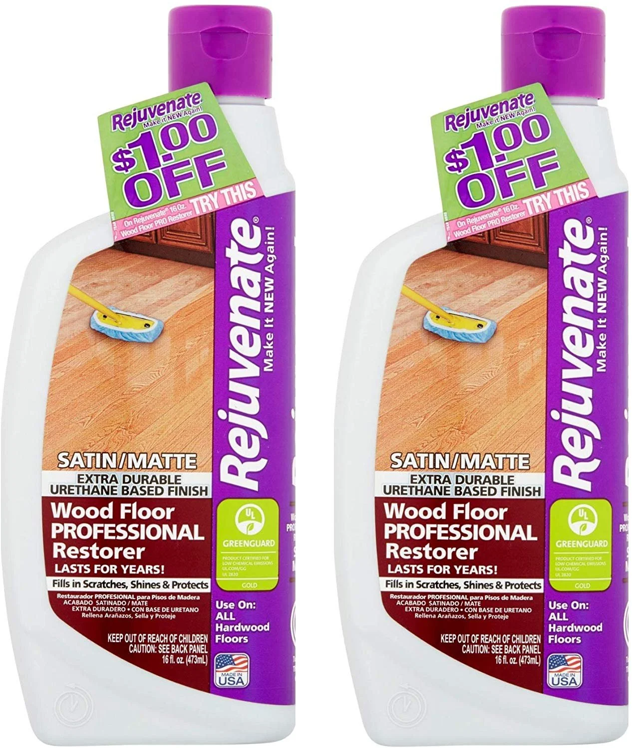 Rejuvenate Professional Wood Floor Restorer with Durable Satin Finish Non-Toxic Easy Mop On Application - 32 Ounces 2 Pack