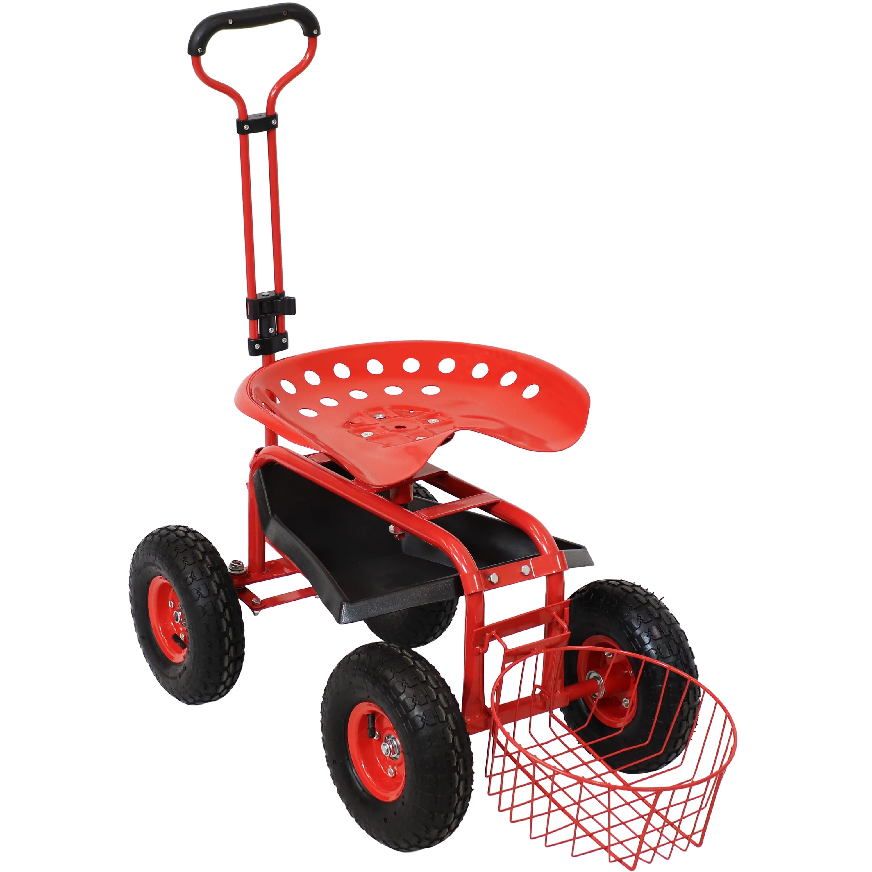 Sunnydaze Rolling Garden Cart with Steering Handle and Swivel Seat - Red