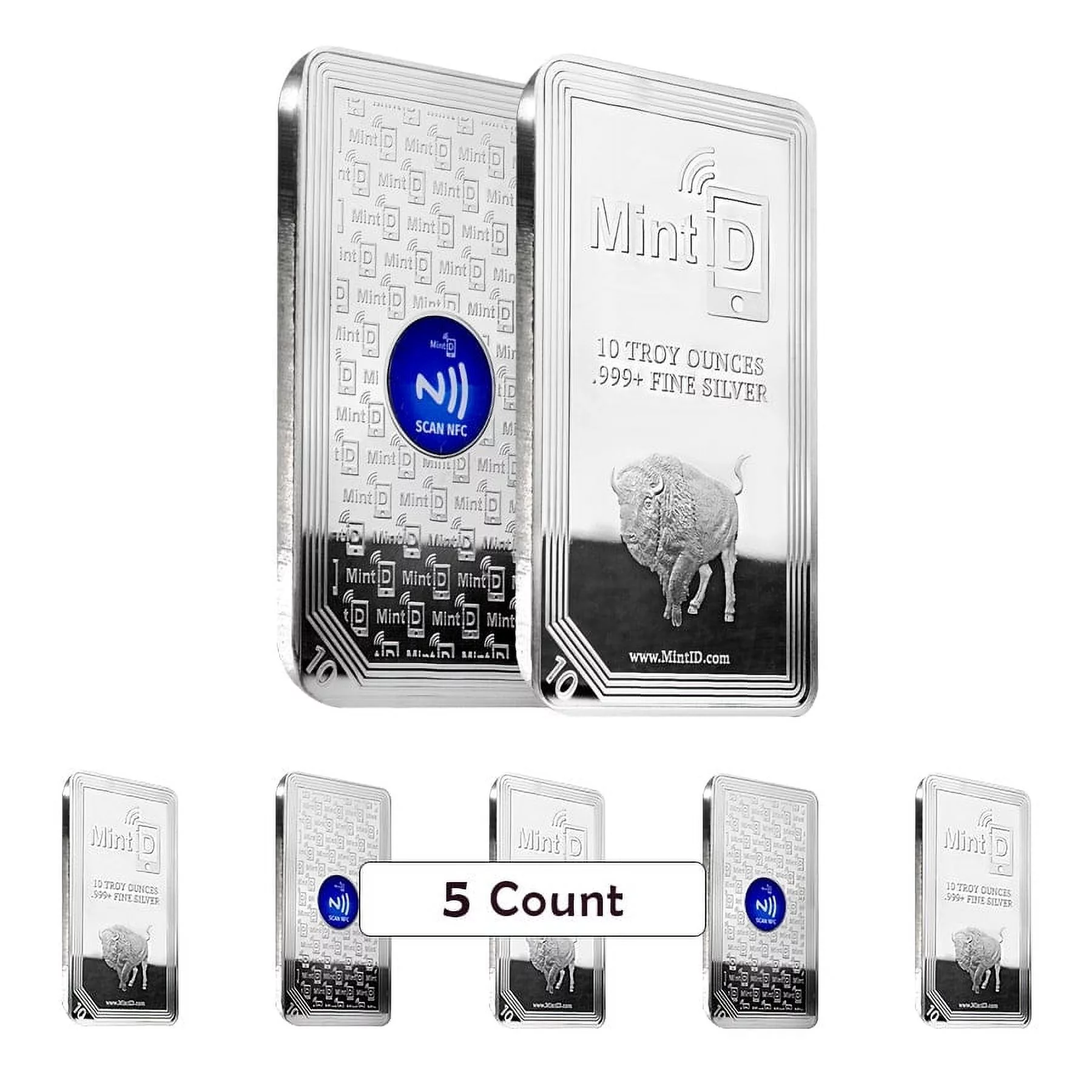 Lot of 5 - 10 oz MintID Buffalo Silver Bar .999+ Fine (NFC Scan Authentication)