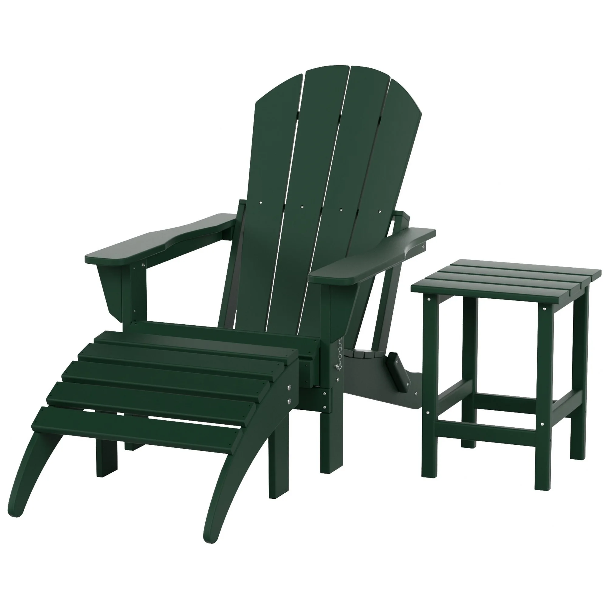 Polytrends  Laguna All Weather Poly Outdoor Patio Adirondack Chair Set - with Ottoman and Side Table (3-Piece) Dark Green