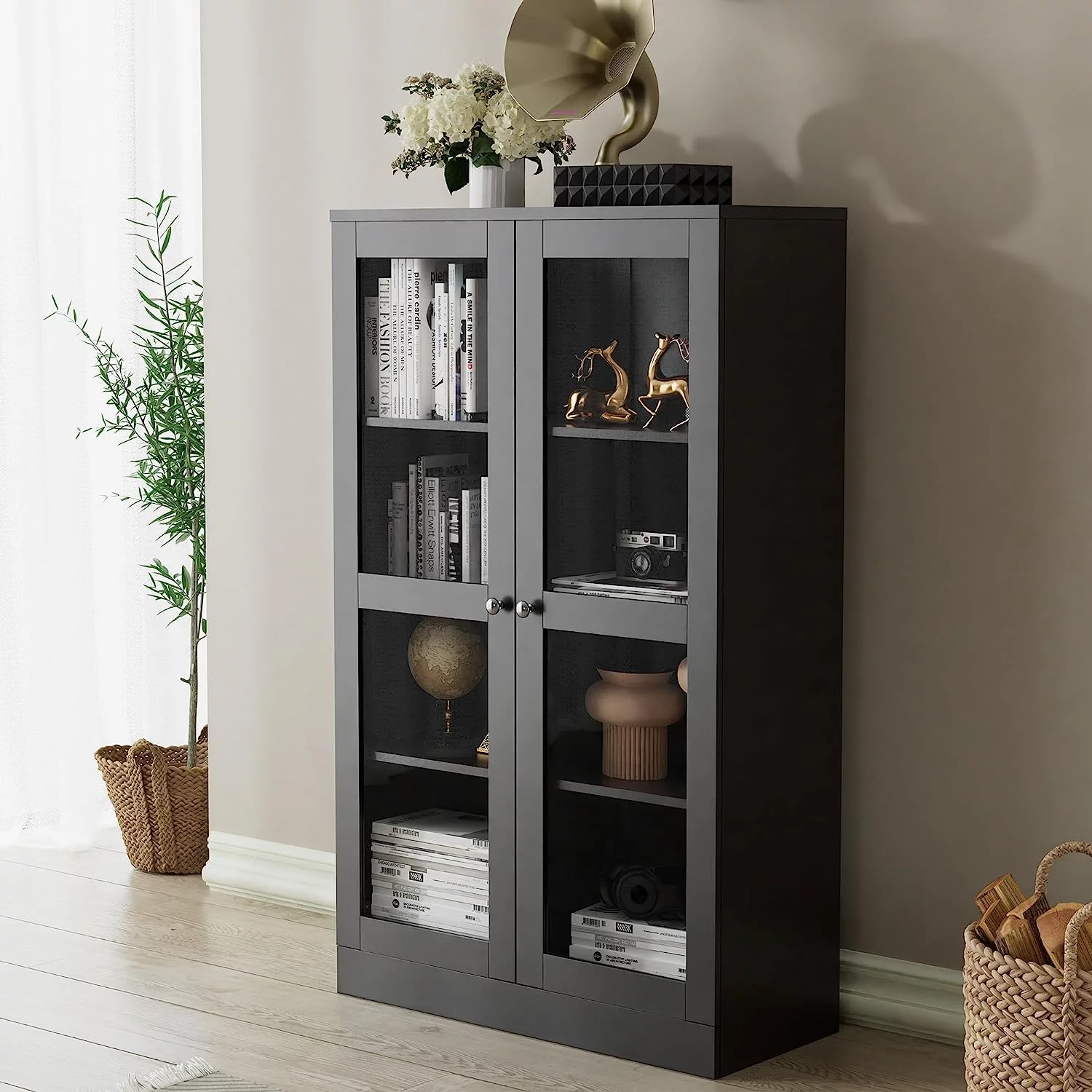 Cozy Castle Pantry Cabinet, Bookshelf with Acrylic Glass Doors and Adjustable Shelves, Display Cabinet for Bedroom, Living Room, Black, 52.7
