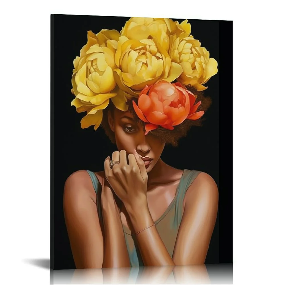 COMIO African American Wall Art Yellow Flower on Black Women Head Vintage Canvas Art Paintings Modern Abstract Girl Picture Home Wall Decor for Bedroom Living Room, Framed Ready to Hang