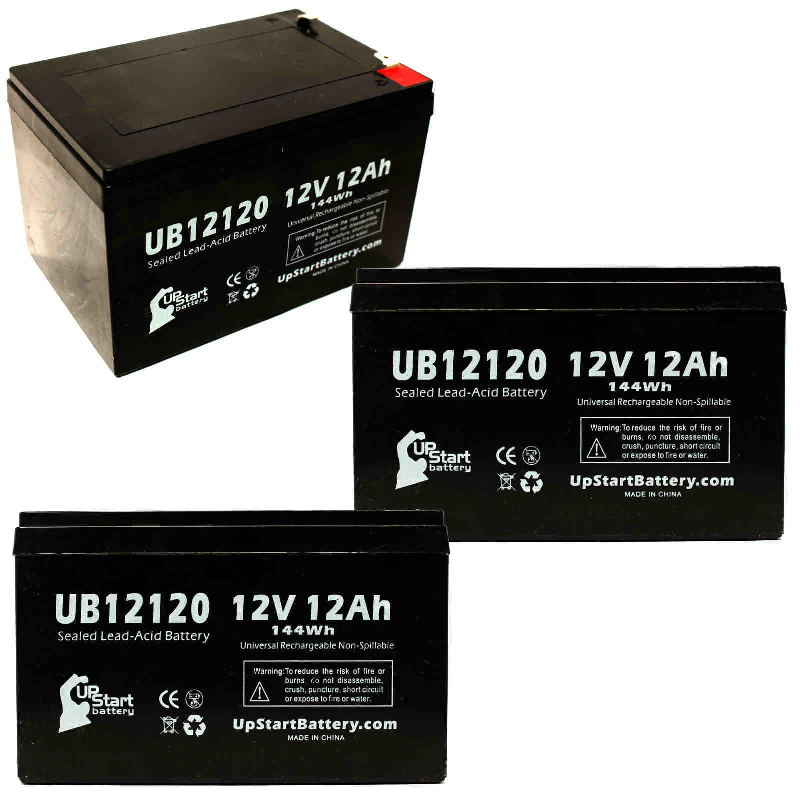 3x Pack - Compatible Quickie P11 Battery - Replacement UB12120 Universal Sealed Lead Acid Battery (12V, 12Ah, 12000mAh, F1 Terminal, AGM, SLA) - Includes 6 F1 to F2 Terminal Adapters