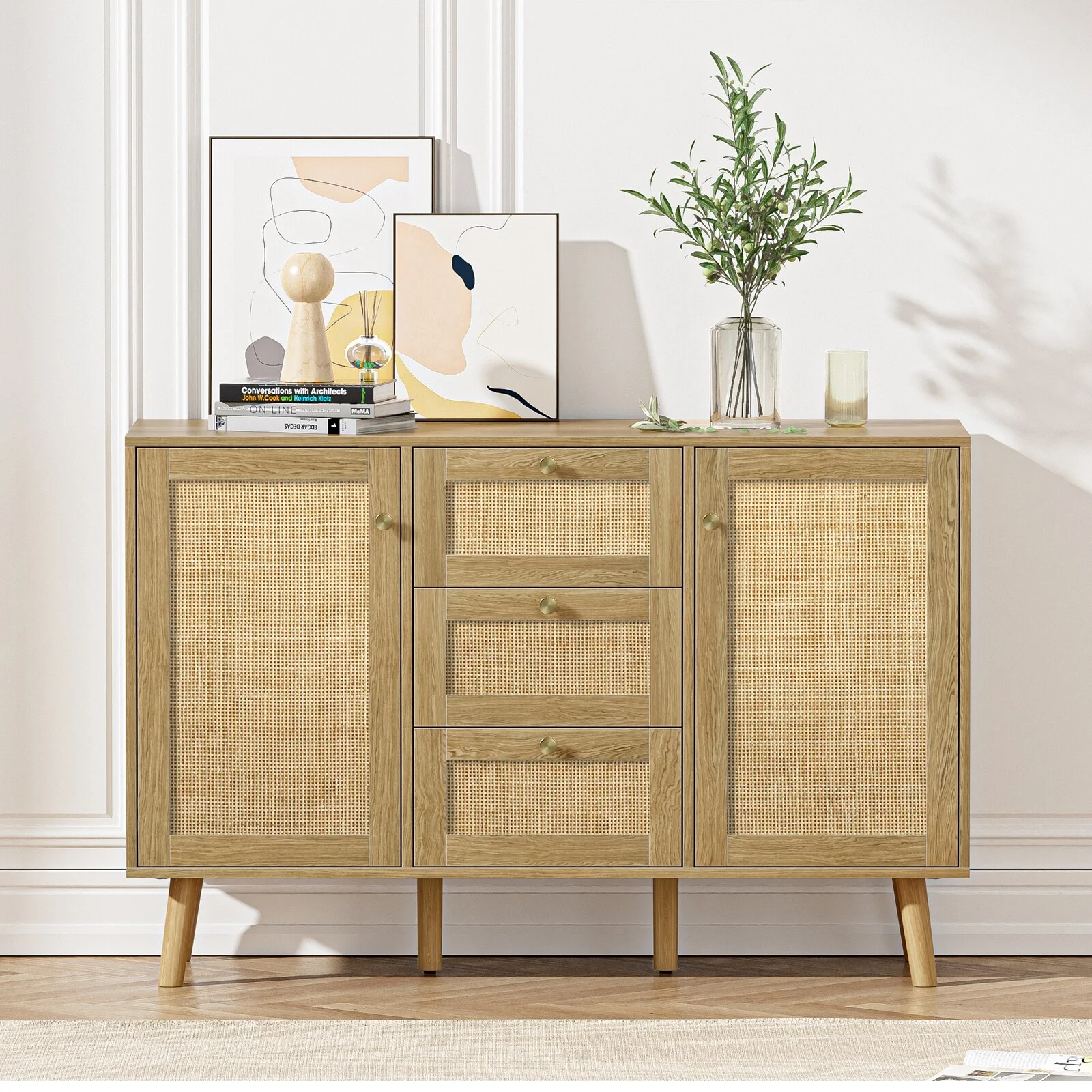 Anmytek  Buffet Sideboard 3-Drawer Chest of Drawers with 2 Door Mid-Century Modern Rattan Cabinet Console Table