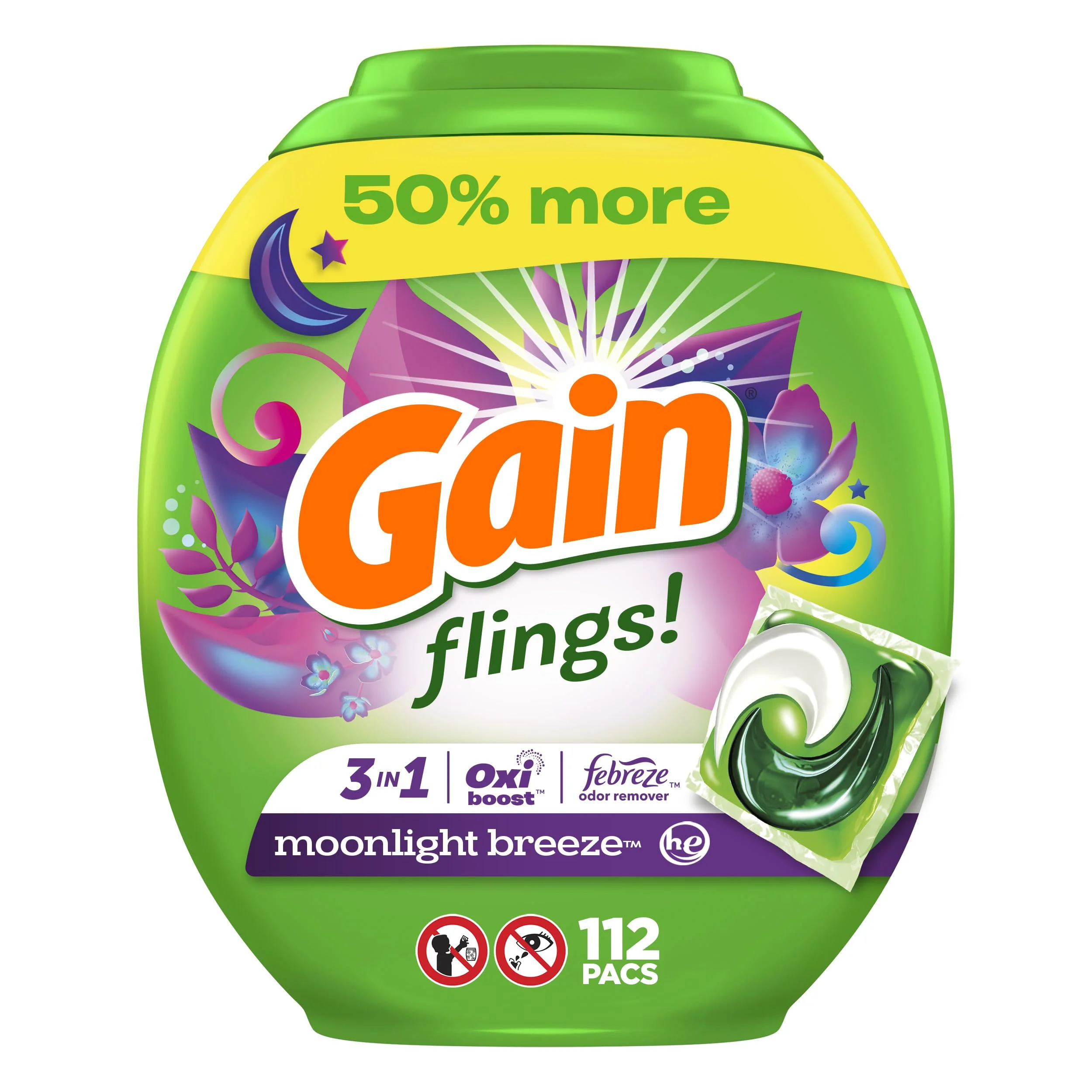 Gain Flings Laundry Detergent Soap Pacs He Compatible 112 Ct Long Lasting Scent Moonlight Breeze(Packaging May Vary)