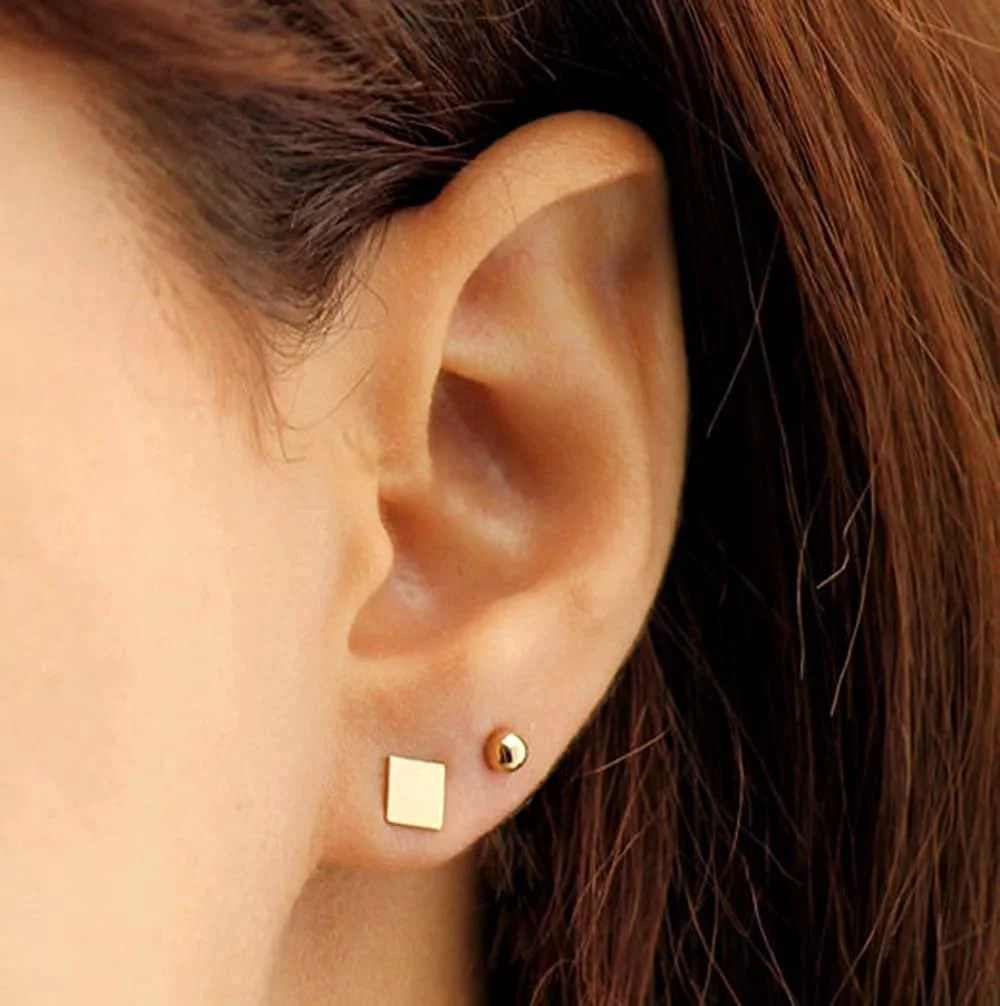 14K Solid Yellow Gold Polished Square Disk Dot Flat Pushback Stud Earrings For Women & Girls