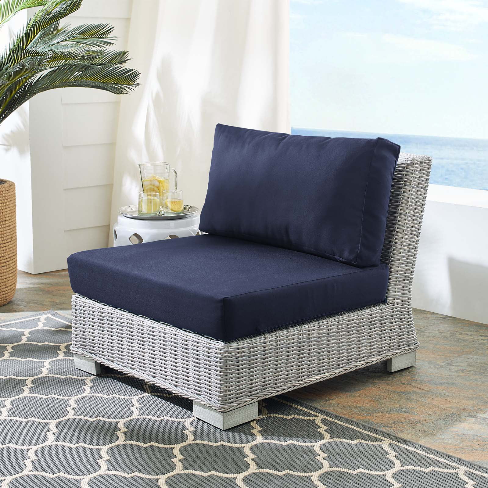 Lounge Chair, Sunbrella, Rattan, Wicker, Light Grey Gray Blue Navy, Modern Contemporary Urban Design, Outdoor Patio Balcony Cafe Bistro Garden Furniture Hotel Hospitality