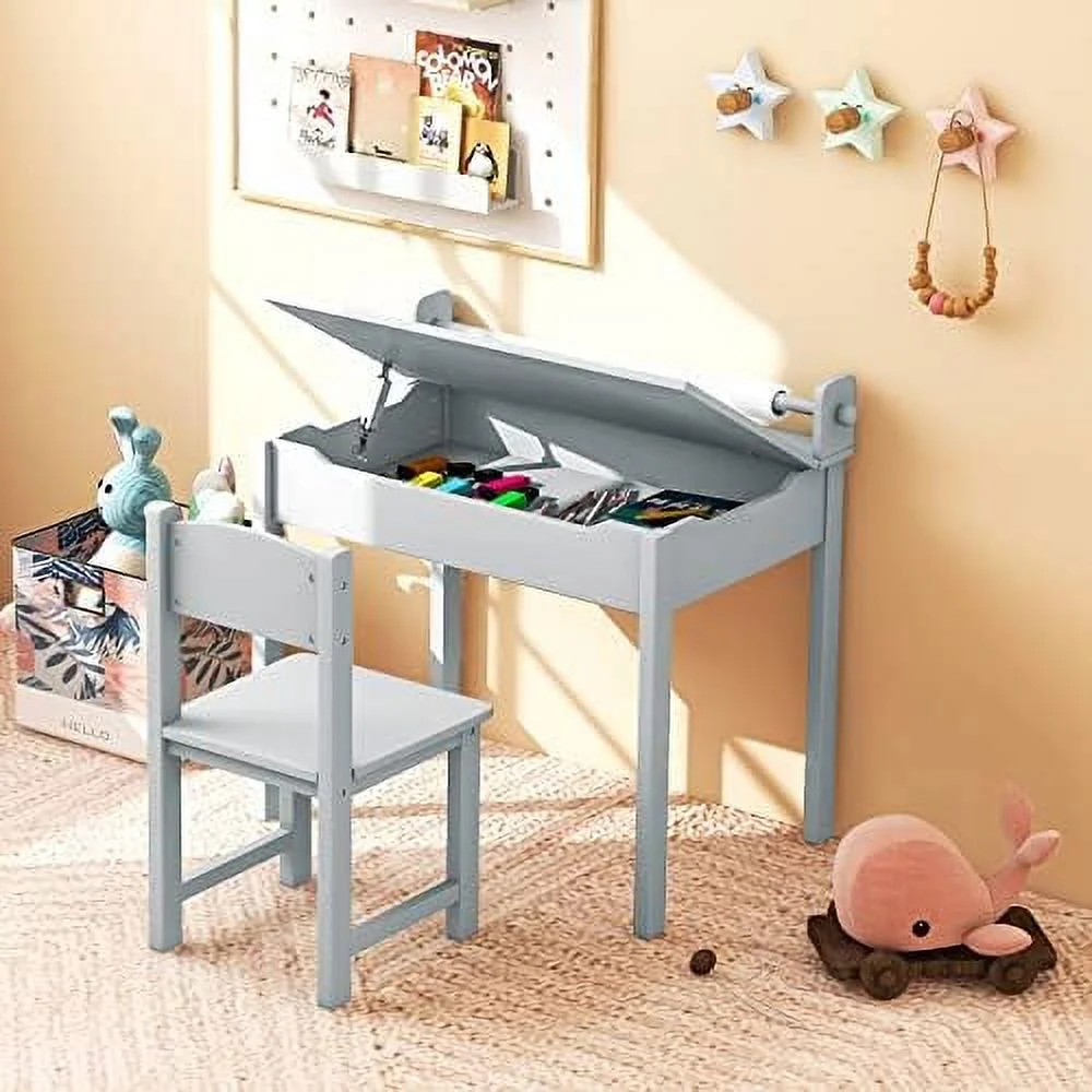 SQHJV Table and Chair Set  Flip Top  Art Craft Table w/Chair for Playroom Kindergarten  Toddler Drawing Writing Desk Set w/Paper Roll & 2 Markers  Gift for Boys Girls Ages 3+ (Gray)