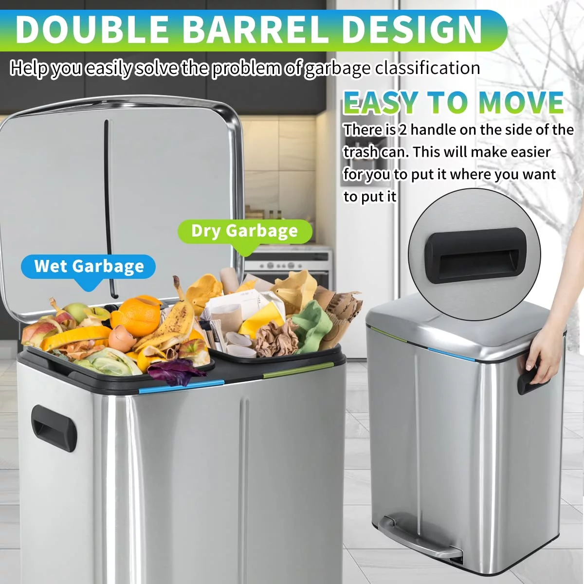 Dkelincs Kitchen Trash Can with Lid 10 Gallon/ 40L Step Trash Can with Foot Pedal Anti-Fingerprint Garbage Bin with Liner, Silver