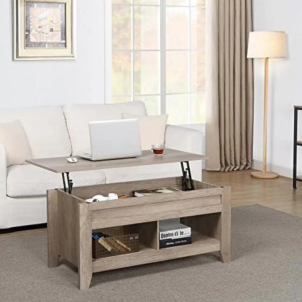 TJUNBOLIFE Lift Top Coffee Table with Hidden  and 2 Open Shelves Adjustable Tabletop Center Table for Living Room  Espresso