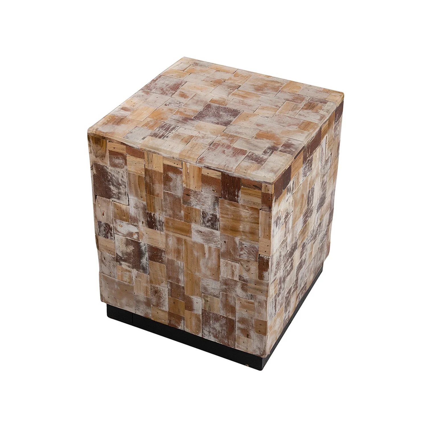 Benjara  19 in. Resin Patchwork Style Design Square Side End Table Stool, Brown & Black