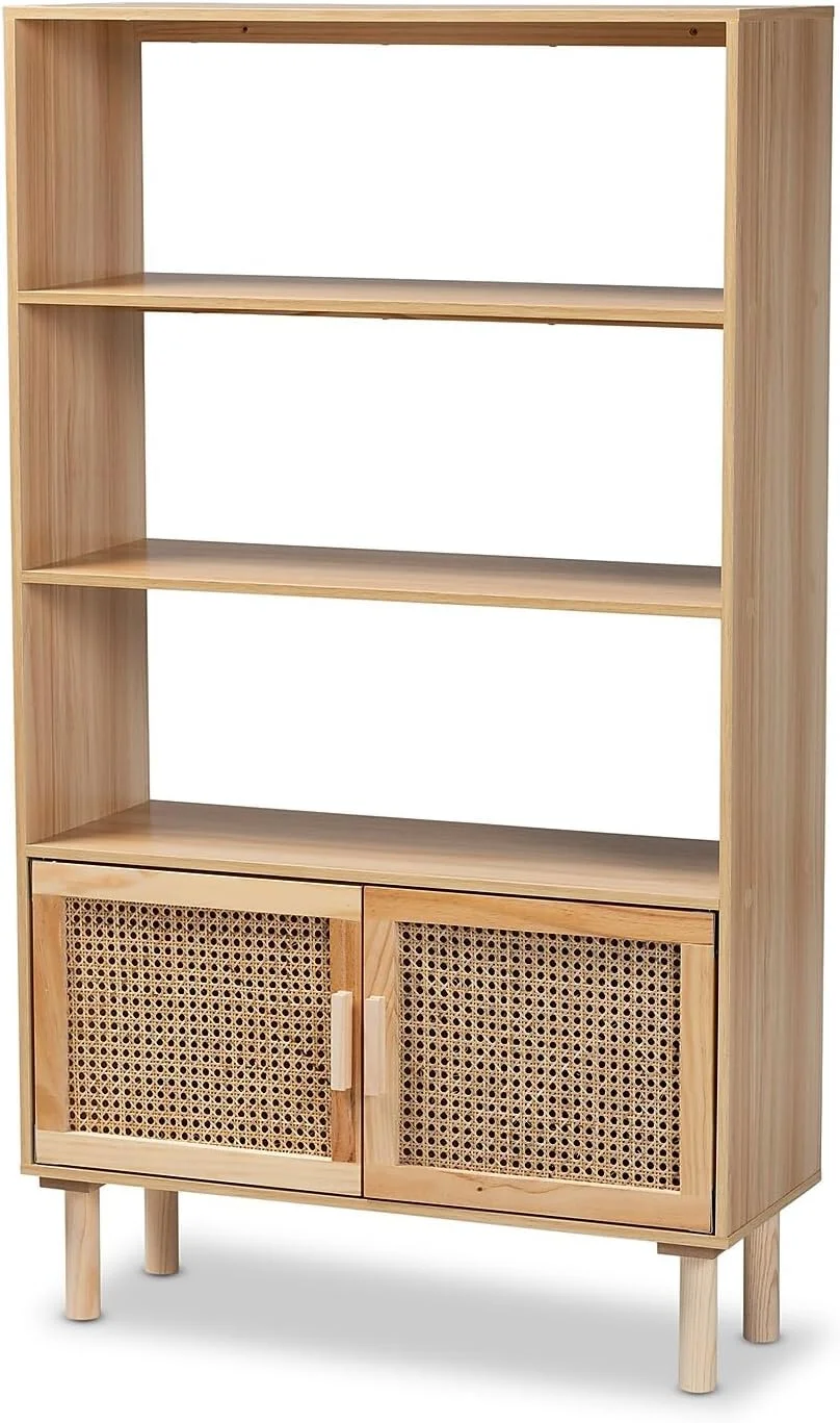 xrboomlife Mid-Century Modern Natural Brown Finished Wood and Rattan 2-Door Bookcase