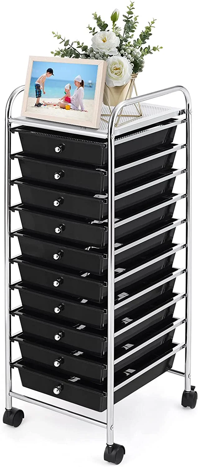 U-ToBe Rolling Drawer Cart with 10 Drawers, Utility Storage Organizer Cart with Wheels and Metal Frame, Art Cart for Office, School, Home, Black