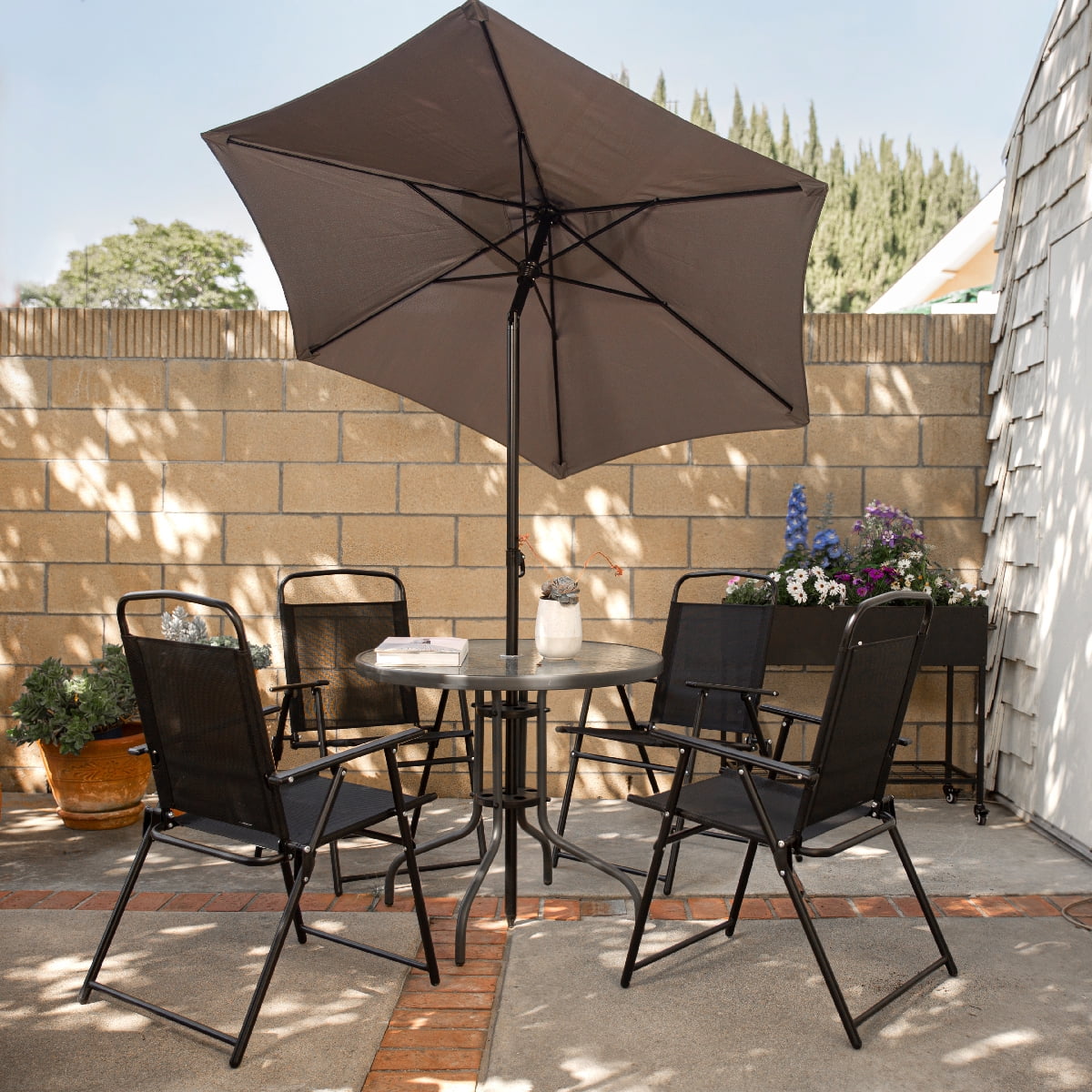 6PCS Outdoor Patio Dining Set with Umbrella Table and Folding Chairs