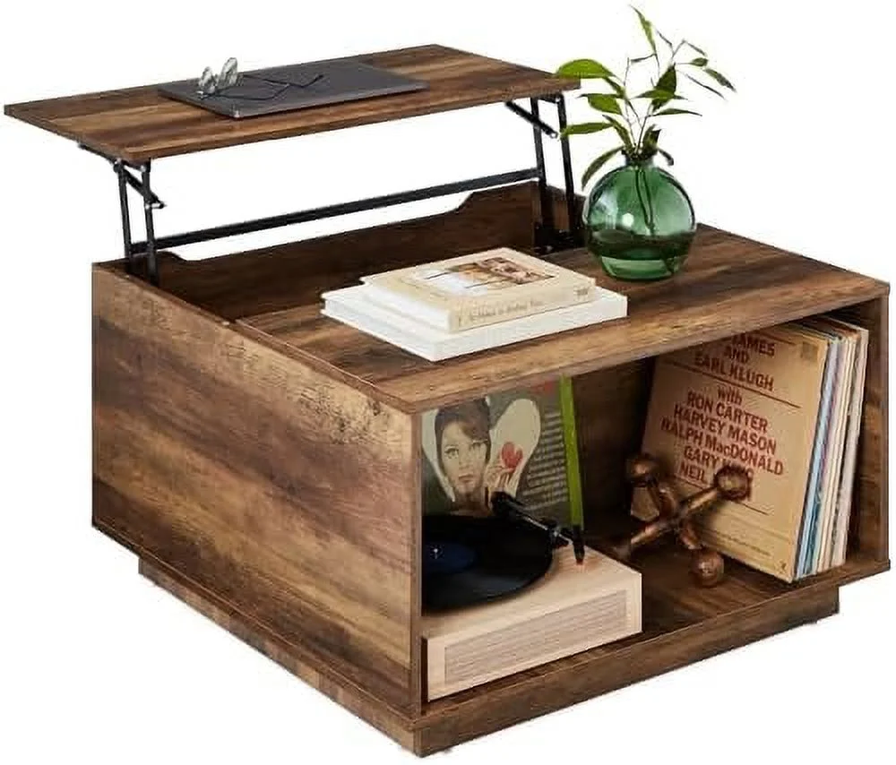 MQLIFEBOOM Square Lift Top Coffee Table  Wooden Rustic Modern Multifunctional Accent Table for Living Room w/Hidden   Cubby  Non-Scratch Pads - Gray
