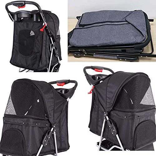 3/4Wheels Pet Stroller, Foldable Dog Cat Stroller Cage Jogging Stroller Travel Carrier Strolling Cart Doggie Stroller with Cup Holder & Storage Basket (Black, 3 Wheels)