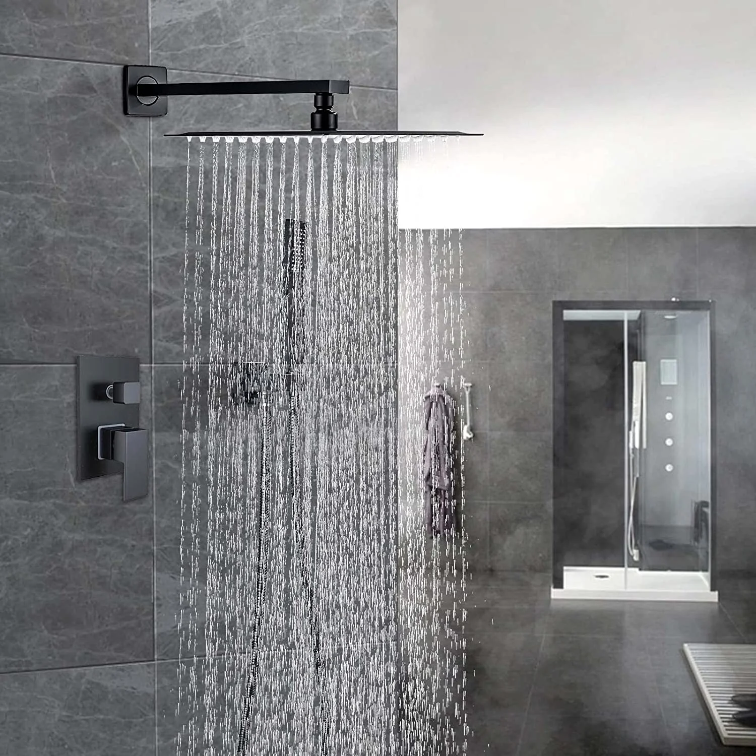 Shower Faucet Matte Black Shower System with 12 Inches Rain Shower Head and Handheld Spray Bathroom Luxury Rain Shower Faucet Set Complete Wall Mounted