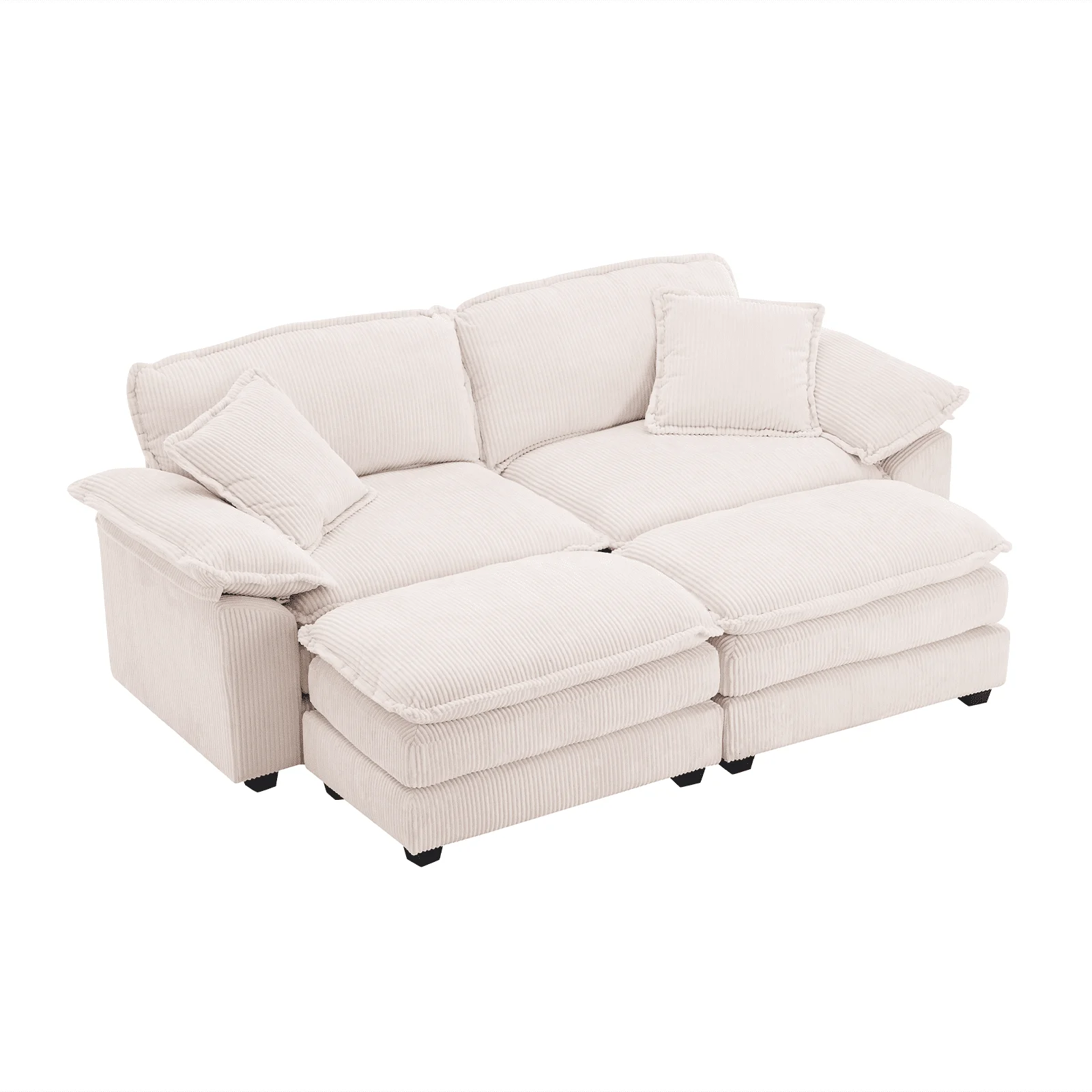DECORAflex Modern Corduroy Loveseat,Sectional Sofa Couch with two Moveable Ottoman for Living Room,Comfy Deep Seat Sofa with Toss Pillows,White