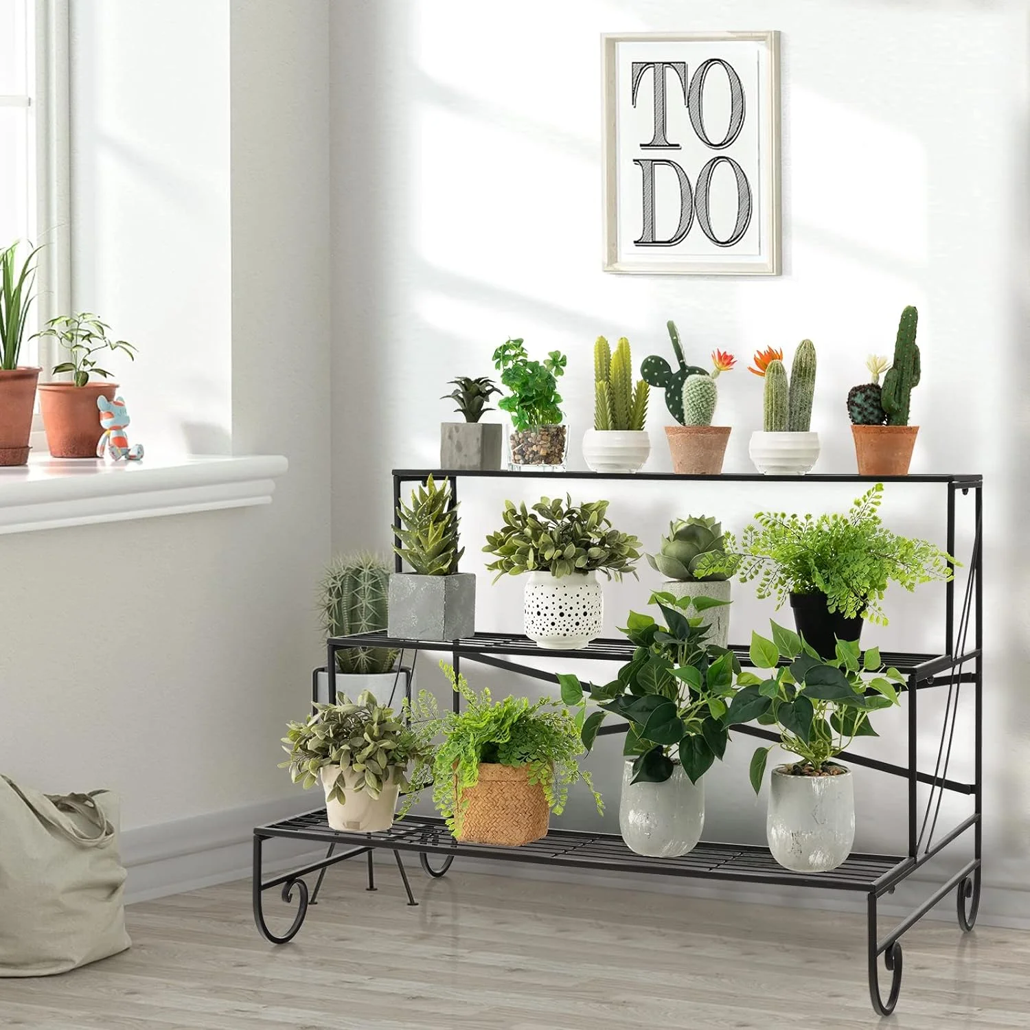 3 Tier Metal Plant Stand, Ladder Shaped Flower Pot Stand w/ Grid Shelf, Tiered Plant Organizer Shelf for Indoor & Outdoor, Utility Plant Display Rack for Living Room Balcony Garden