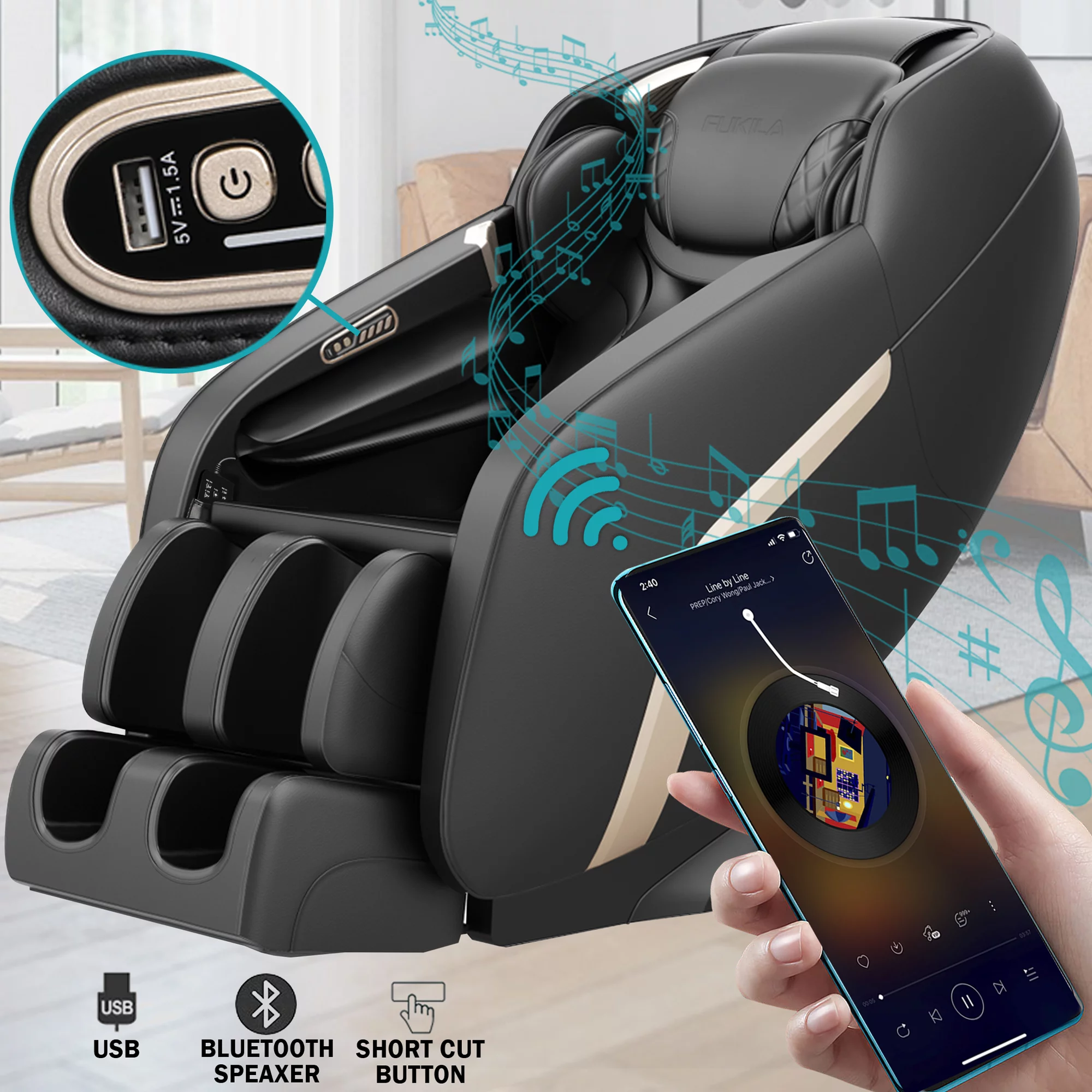 FUKILA Massage Chair Full Body Zero Gravity Recliner Bluetooth Heating Black