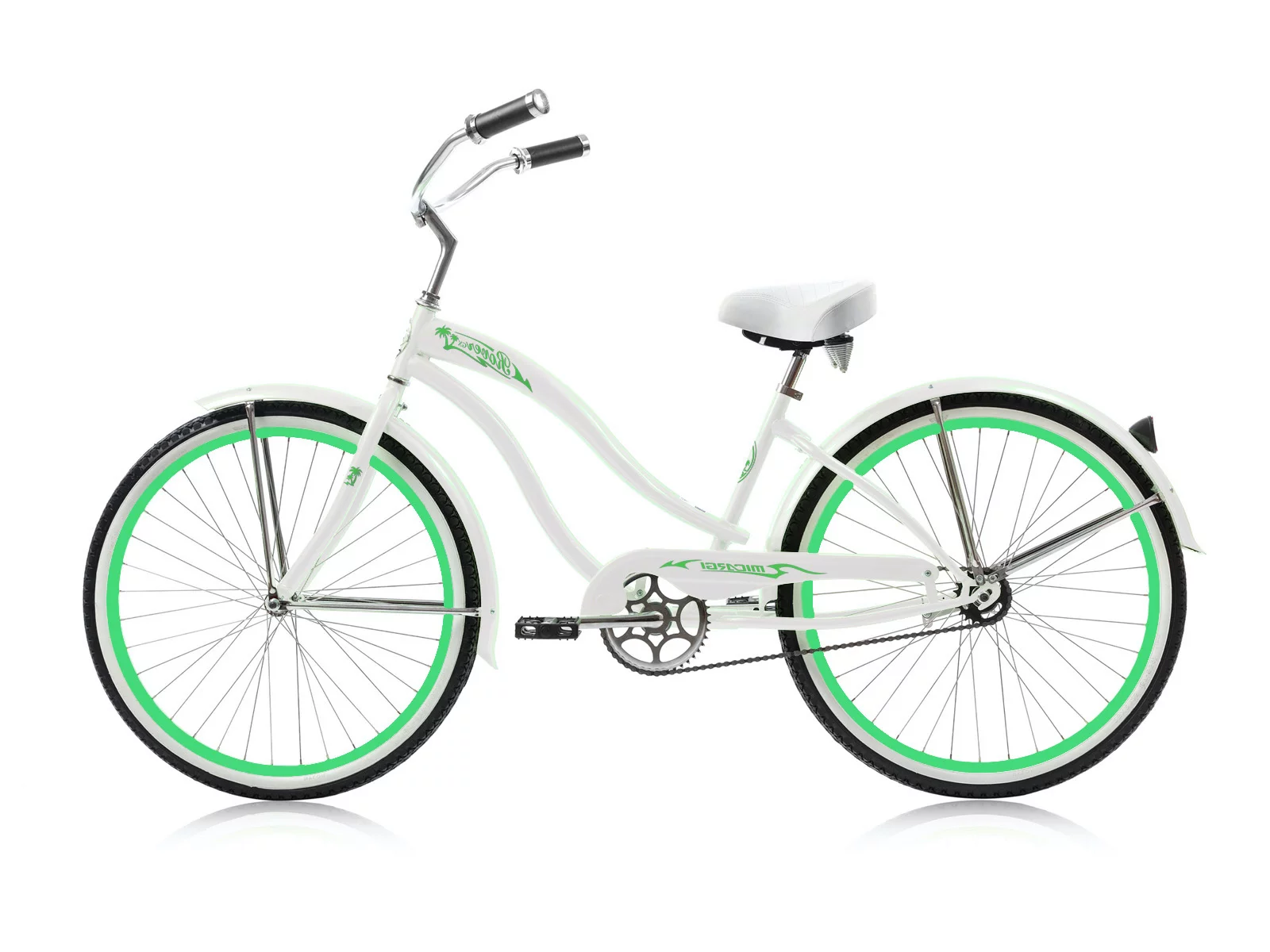 Wonder Wheels 26 In. Beach Cruiser Coaster Brake Single Speed Bicycle, Bike, Stainless Steel Spokes One Piece Crank Alloy Rims 36 H With Fenders - White
