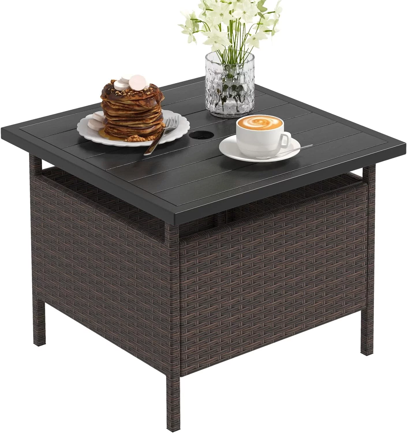 Patio Table with Umbrella Hole - Outdoor Side Table with Umbrella Hole, 22'' Square Wicker Table w/Metal Frame, PE Rattan Bistro Dining Table for Yard, Garden, Deck, Umbrella Side Table