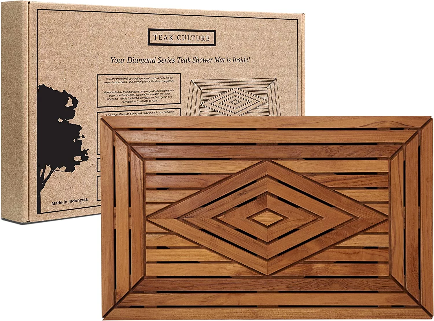 Designer Teak Shower Mat Large 31.5 X 19.5 Naturally Water-Resistant with Teak Oil Finish for Bathroom, Bath, Pool, Spa, Boat, Sauna, Patio, RV, Front Door from Our Diamond Collection