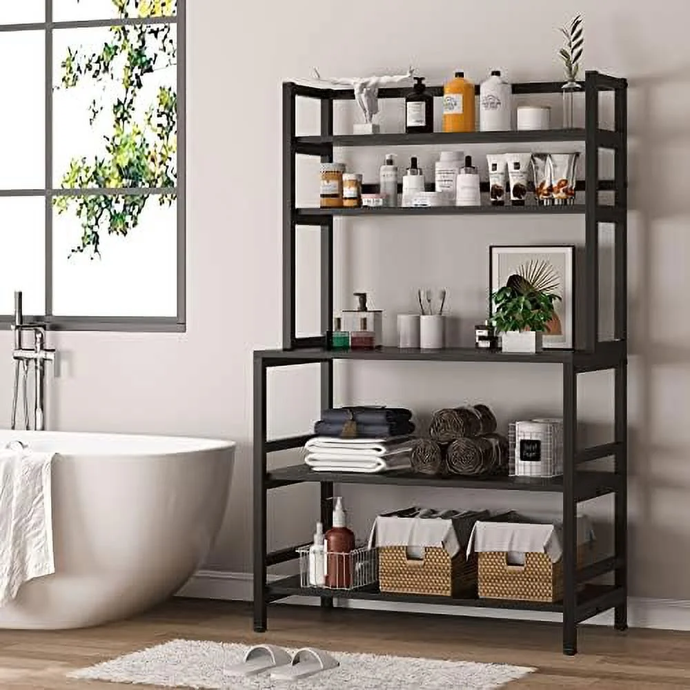 TJCGDTY Kitchen Bakers Rack with  and Hutch  5-Tier Kitchen Microwave Cart Stand Rack  Free Standing Industrial Kitchen Utility   (Black)