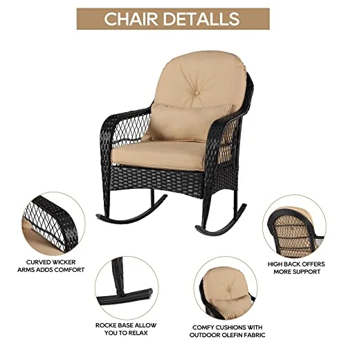 B Outdoor Wicker Rocking Chair All Weather Wicker Rocker Chair with Cushions for Garden Patio Yard Porch Lawn Balcony Backyard (1PCS-Black Wicker-Khaki)