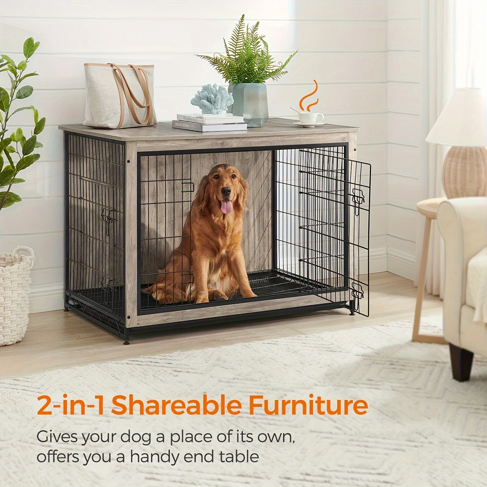 Dog Crate Furniture, Side End Table, Modern Kennel For Dogs Indoor Up To 80 Lb, Heavy-Duty Dog Cage With Multi-Purpose Removable Tray, Double-Door Dog House