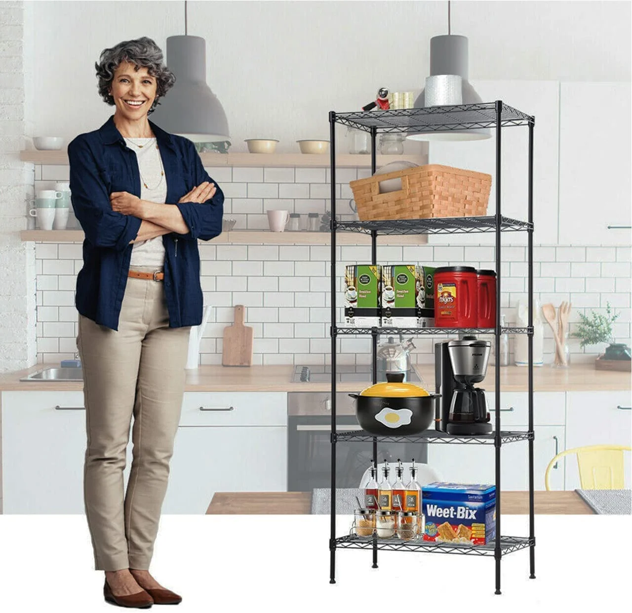 TYNB 5 Tier Steel Wire Shelf Metal Storage Rack NSF Commercial 14' D x 24' W x 60' H 750Lbs Adjustable Leveling Feet Wire Shelving Unit for Office Restaurant Kitchen Pantry Rack Black