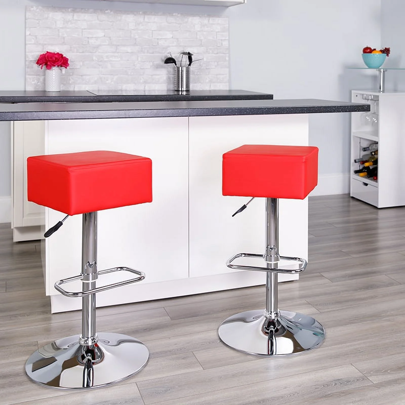 Red Vinyl Adjustable Height Barstool with Square Seat