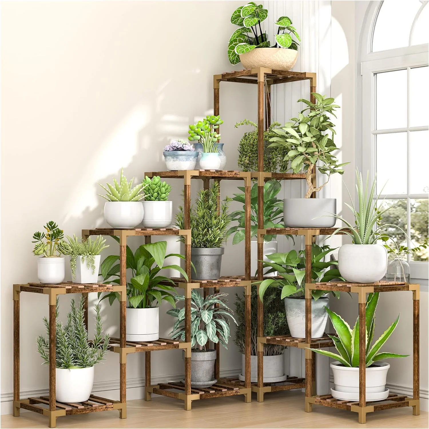 15 Tier Corner Plant Stand Indoor Outdoor for Multiple Plants, Large Tall Plant Shelf Rack Table Holder with Hanging Space Flower Stand for Patio Porch Balcony Garden Boho Decor