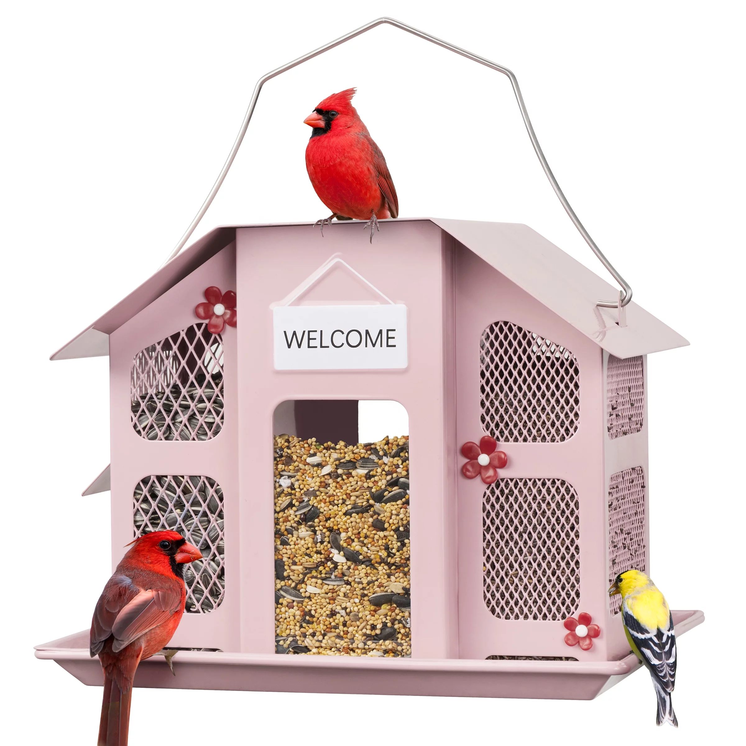 Kingsyard All Metal Bird Feeder for Outdoors Hanging, Metal Mesh Bird Feeder for Finches Cardinals Chickadees, Pink