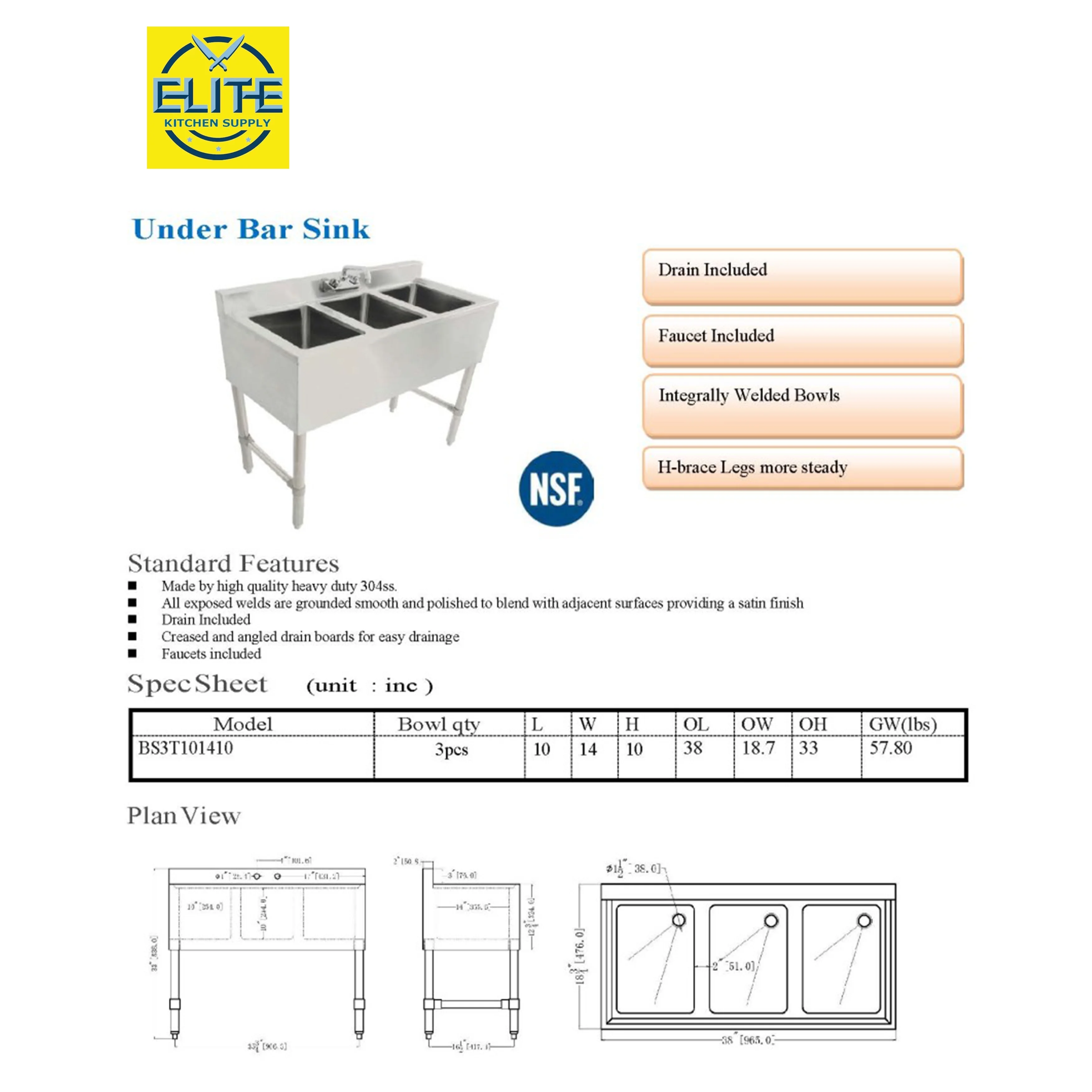 38 in. Commercial Three Compartment Bar Sink with Faucet 38''x18.6''x32.5''
