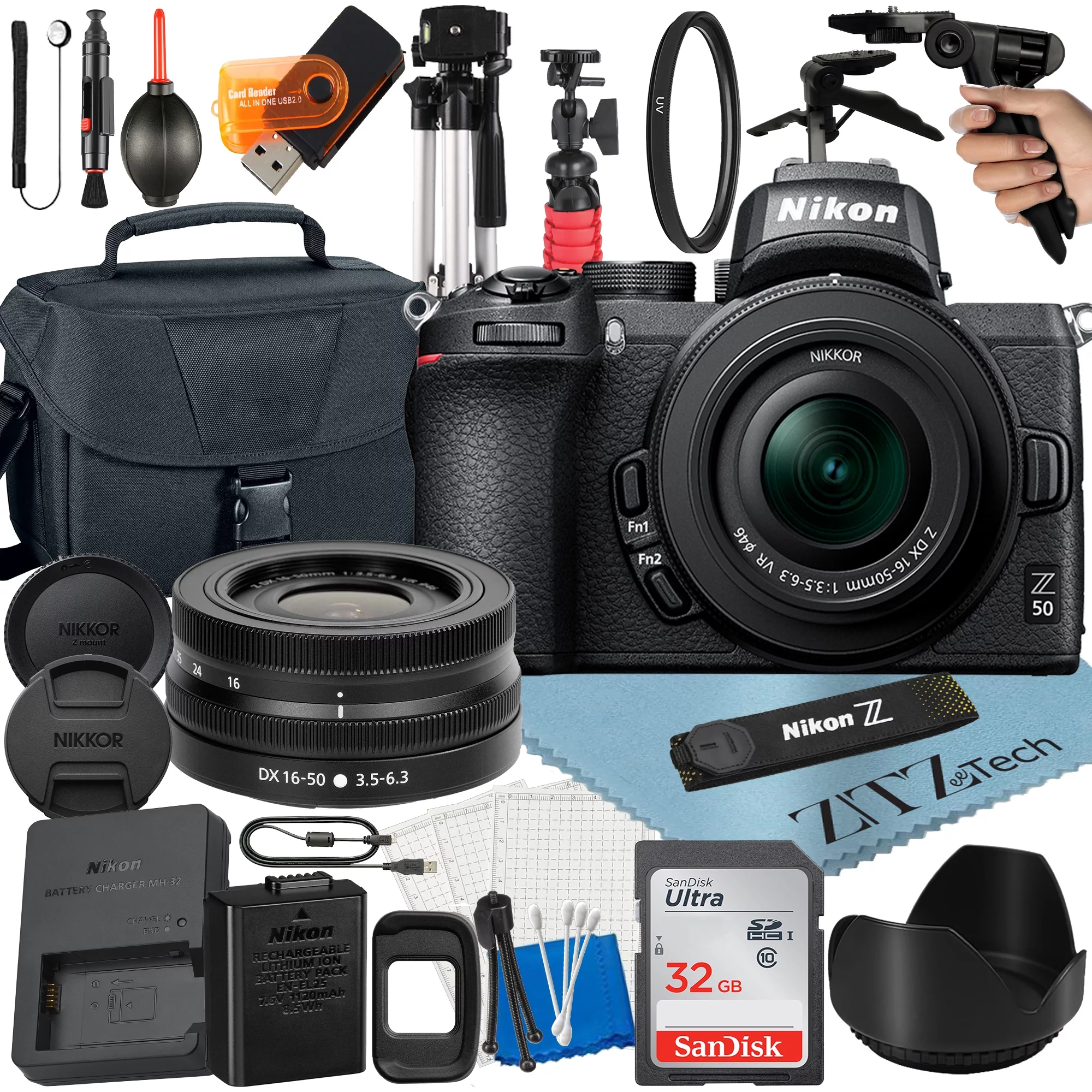 Nikon Z50 Mirrorless Camera Bundle with NIKKOR 16-50mm VR Zoom Lens + 32GB SanDisk Card + Case + Tripod + ZeeTech Accessory