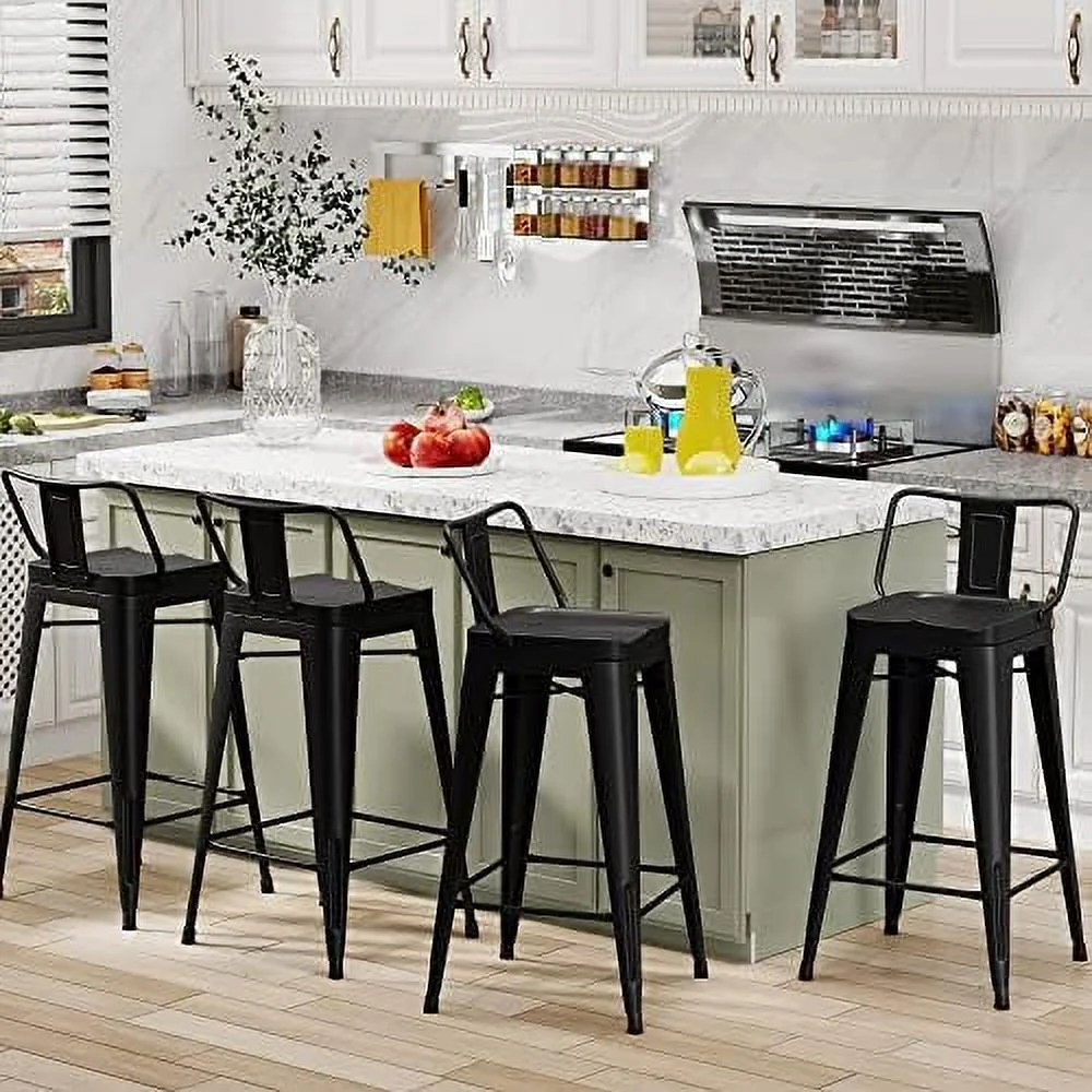 WTYNKAE Metal  Stools Set of 4 Counter Height Stools 26 Inchs Counter Stools with Backs Black  stools with Backs  Height Stools 26" Ergonomic Seat  Low Back  Matte Black