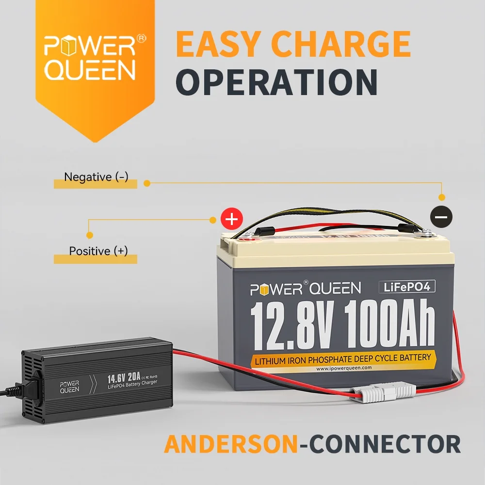 Power Queen 12V 100Ah LiFePO4 Lithium Battery with 14.6V 20A Charger for Solar,RV, Trailer