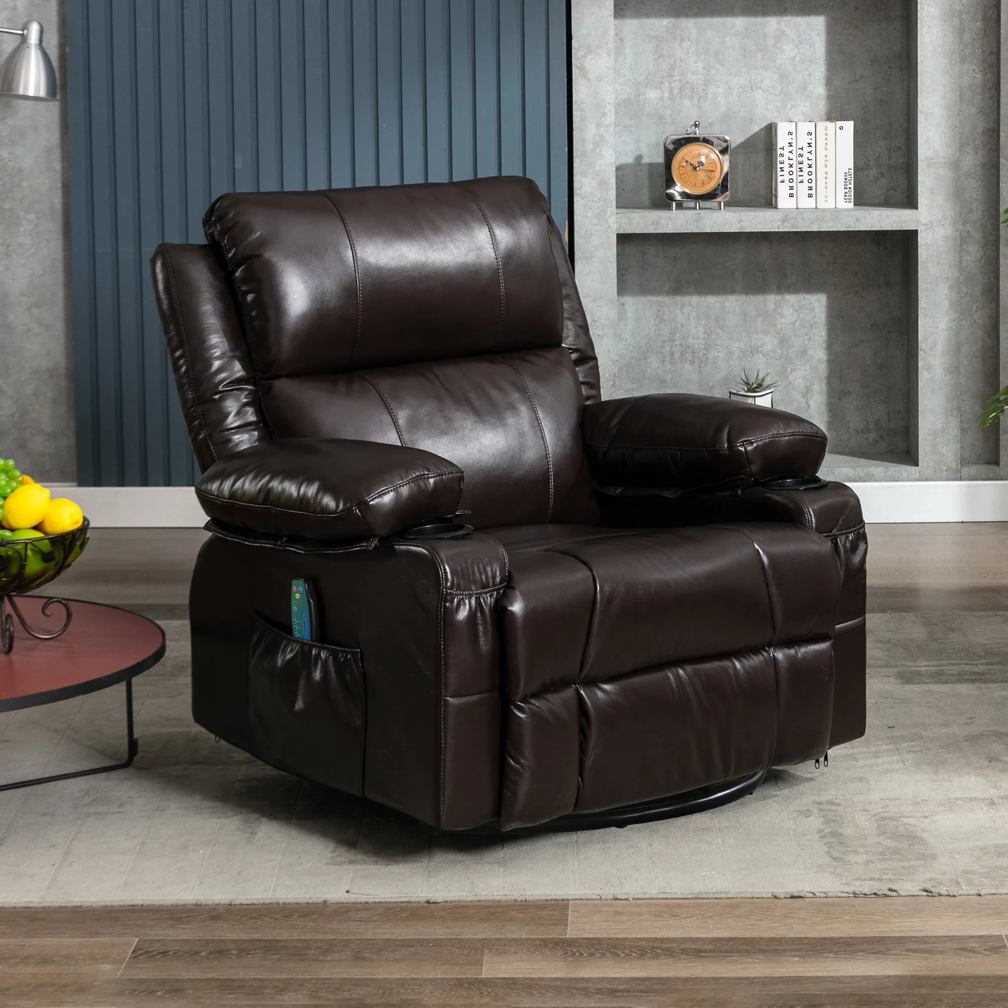 Faux leather manual Swivel recliner with massage and heat ,2 cup holders,USB Ports-Brown
