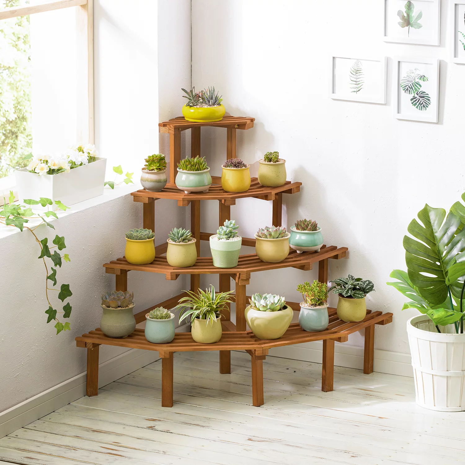 MoNiBloom Wood 4 Tiers Plant Stand, Display Shelf Corner Step Flower Rack, Carbonized, for Garden