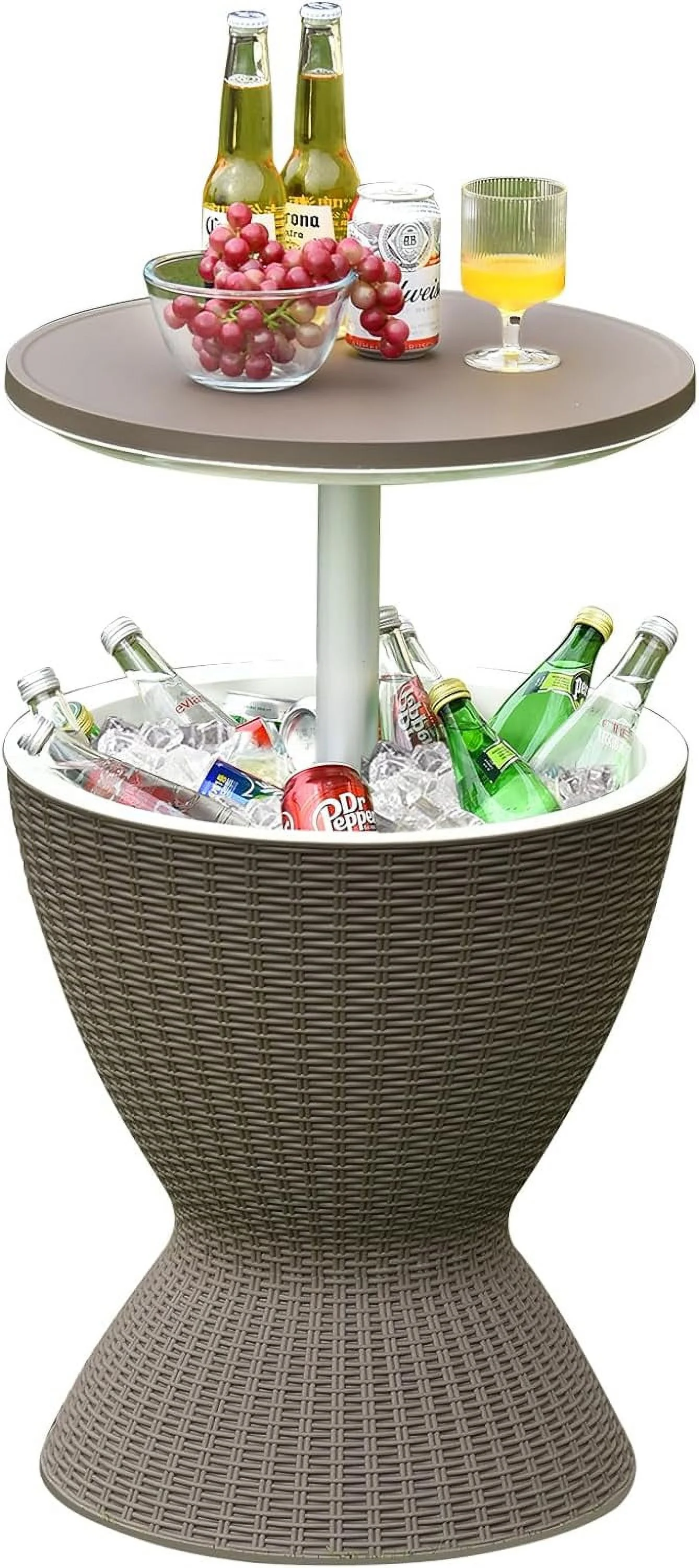 Cool Bar Table with Ice Bucket, 8 Gallon Rattan Style Patio Bar Cooler Table w/Height Adjustable Tabletop, Beer and Wine Cooler, Outdoor Cocktail Coffee Table for Pool Party Deck (Coffee)