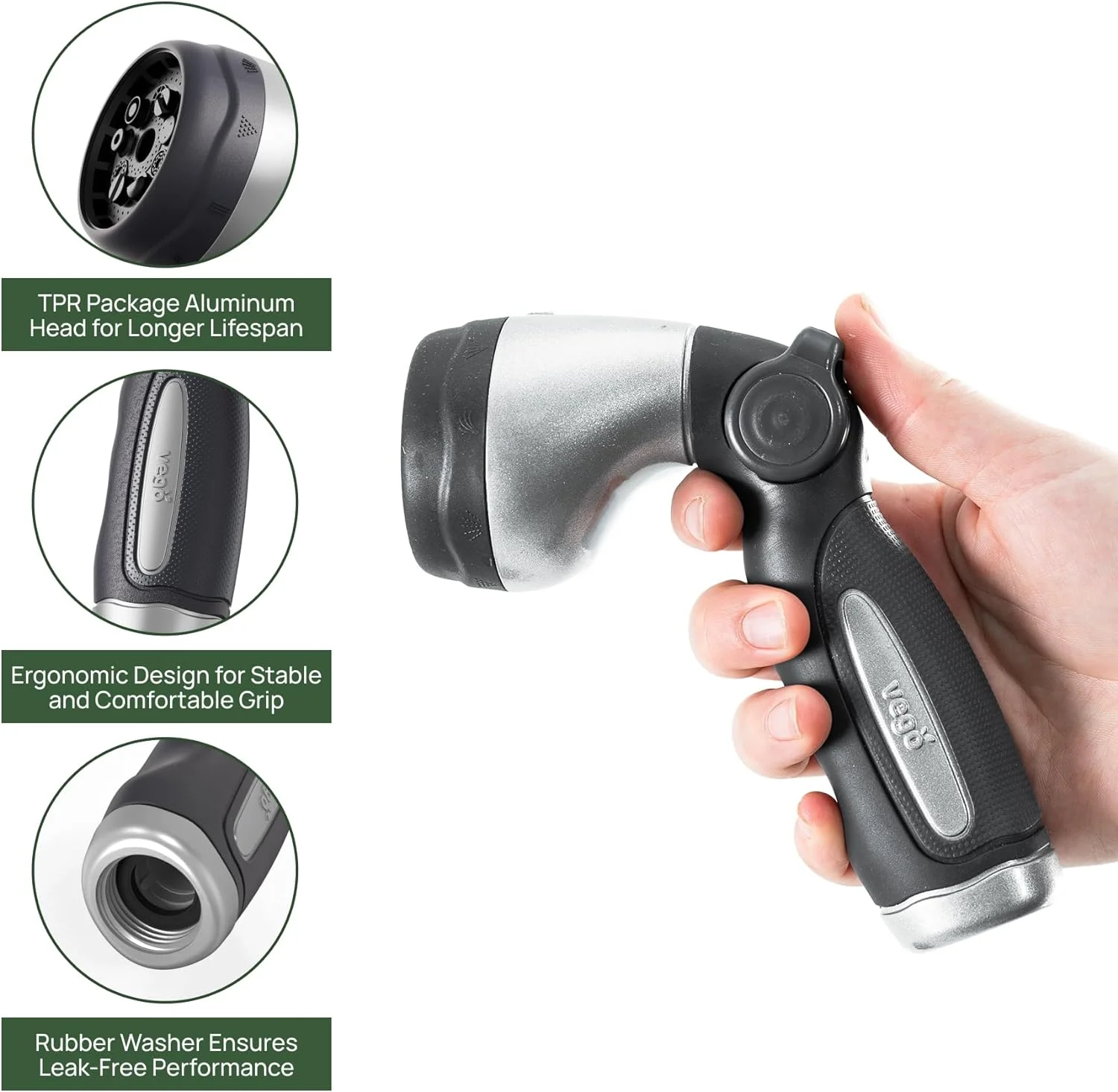 Vego Garden Hose Nozzle 9 Spray Patterns, Metal, Thumb Control, on/off Valve, High Pressure Heavy Duty Water Hose Spray Nozzle-Tidepool Blue