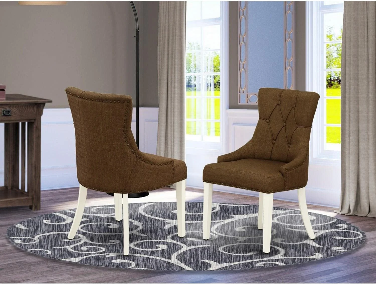 FRP2T18 Friona Parsons Dining Chairs - Button Tufted Nailhead Trim Brown Linen Linen Fabric Upholstered Chairs, Set Of 2, Linen White